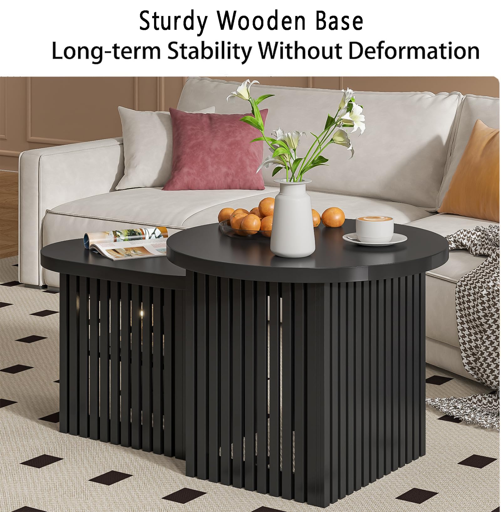 Modern Round Nesting Coffee Table Set of 2 - Fluted Panel Design with Storage Shelf - Living Room Side Tables for Small Spaces (Black) - Perfect for Coffee, Books & Decor in Apartments and Condos