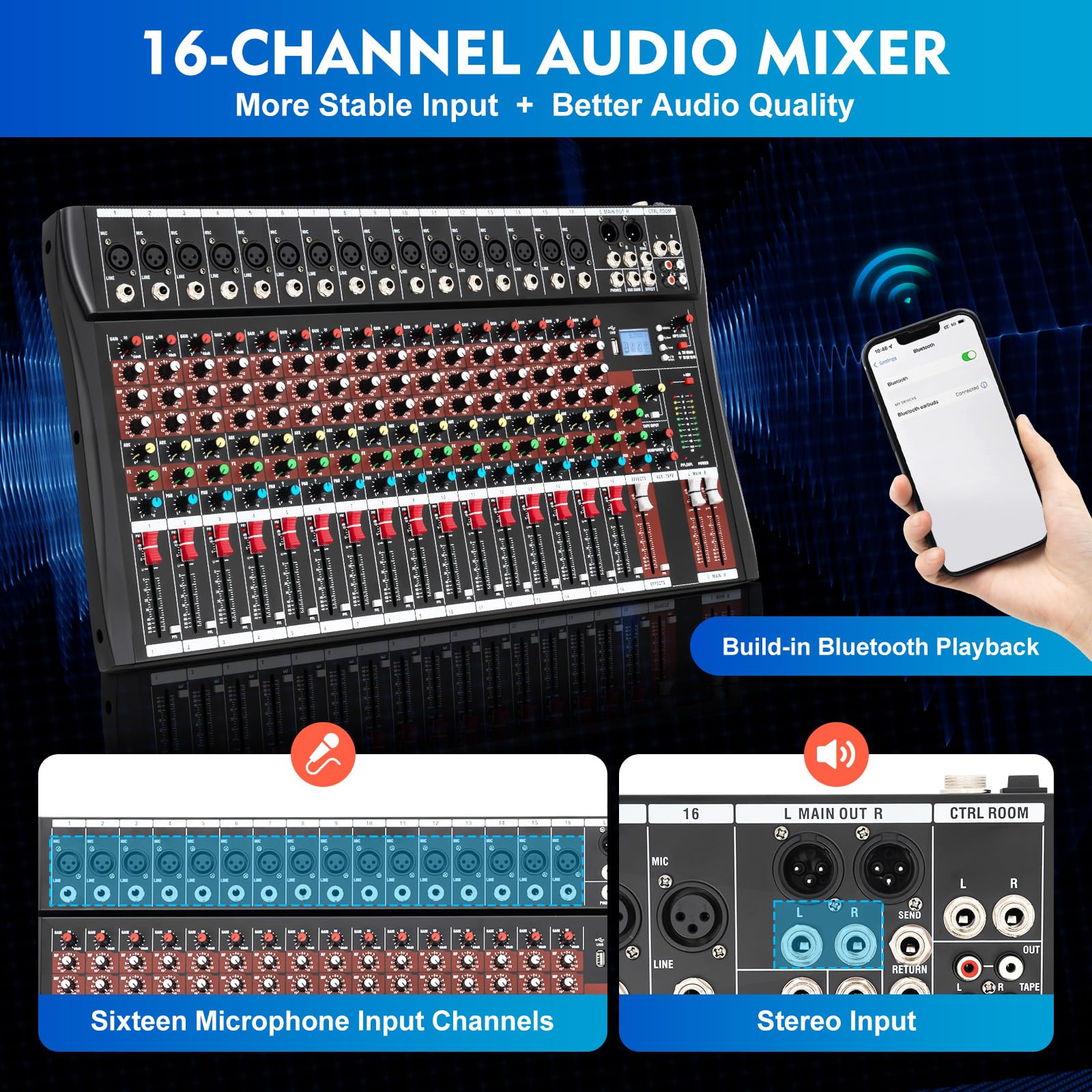 16 Channel Professional Audio Mixer with Bluetooth & USB - DJ Sound Mixing Console for Live Stage, Studio & Home Use - Perfect for Beginners & Professionals
