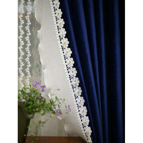 Ethan Floral Lace Velvet Luxury Curtains - Navy Blue Blackout Drapes for Living Room & Bedroom | Elegant Window Treatments for Home Decor