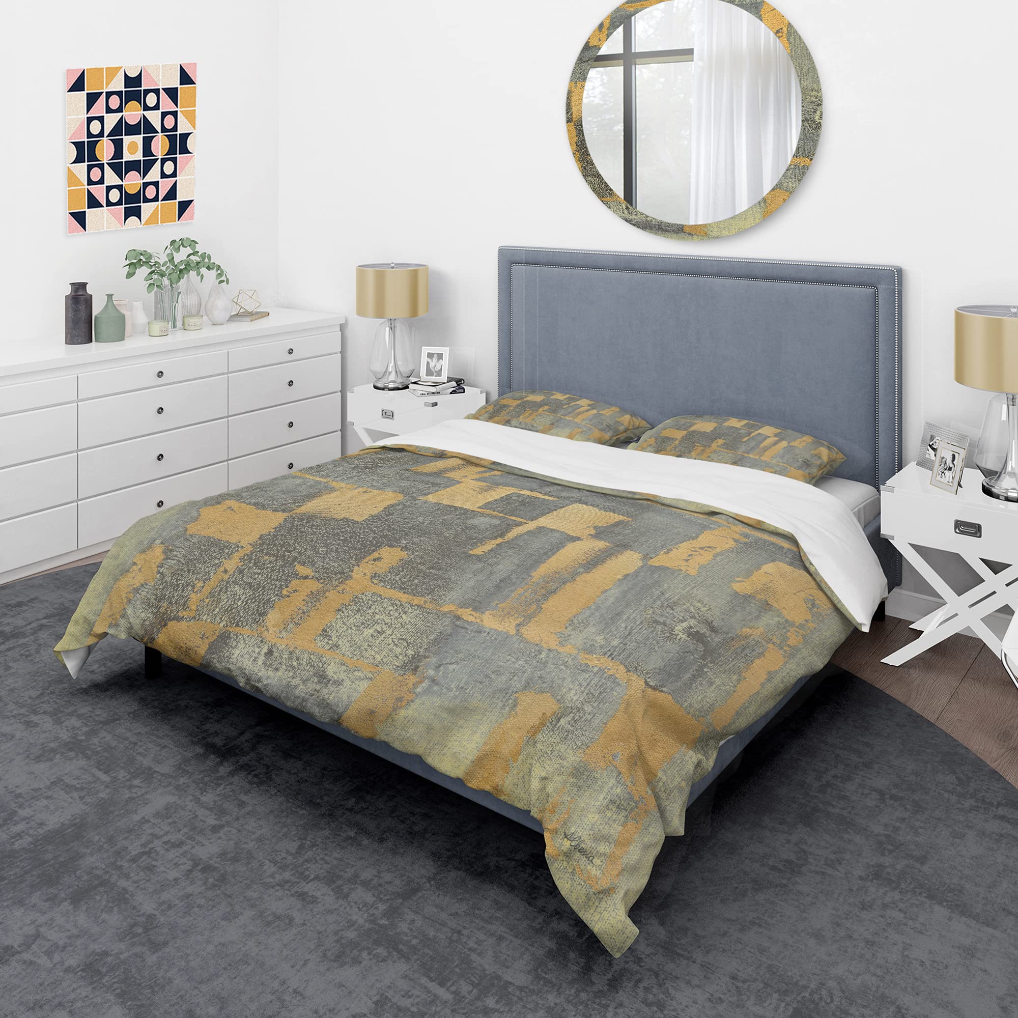 Glam Metallic Duvet Cover Set King - Gold Abstract Bedding for Modern Bedrooms