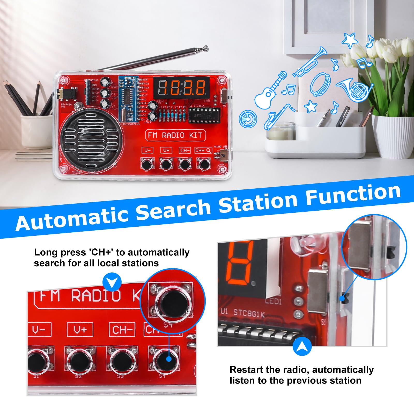 ICSTATION DIY FM Radio Kit 87-108MHz - Portable Soldering Project with LED Display, Headphone Jack & Auto Station Search - Great for High School STEM Education, Electronics Practice & Hobbyists | Perfect for Classroom Projects, Home Experiments & DIY Enthusiasts