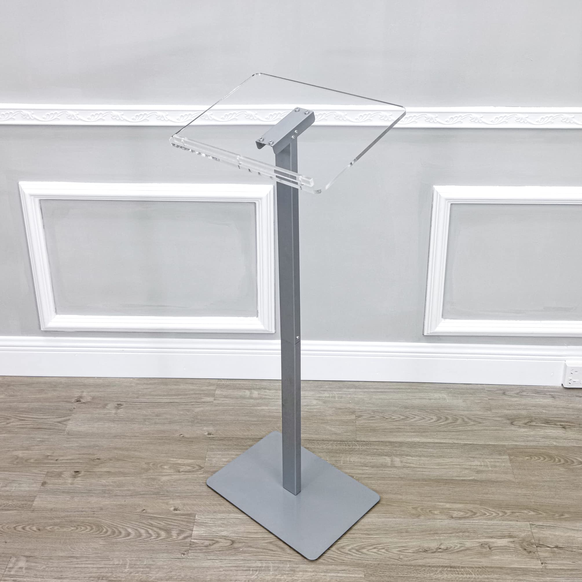 FixtureDisplays® Clear Acrylic Podium with Aluminum Pole & Silver Base - Floor Standing Display Stand for Events, Awards, and Presentations (Model 119741)