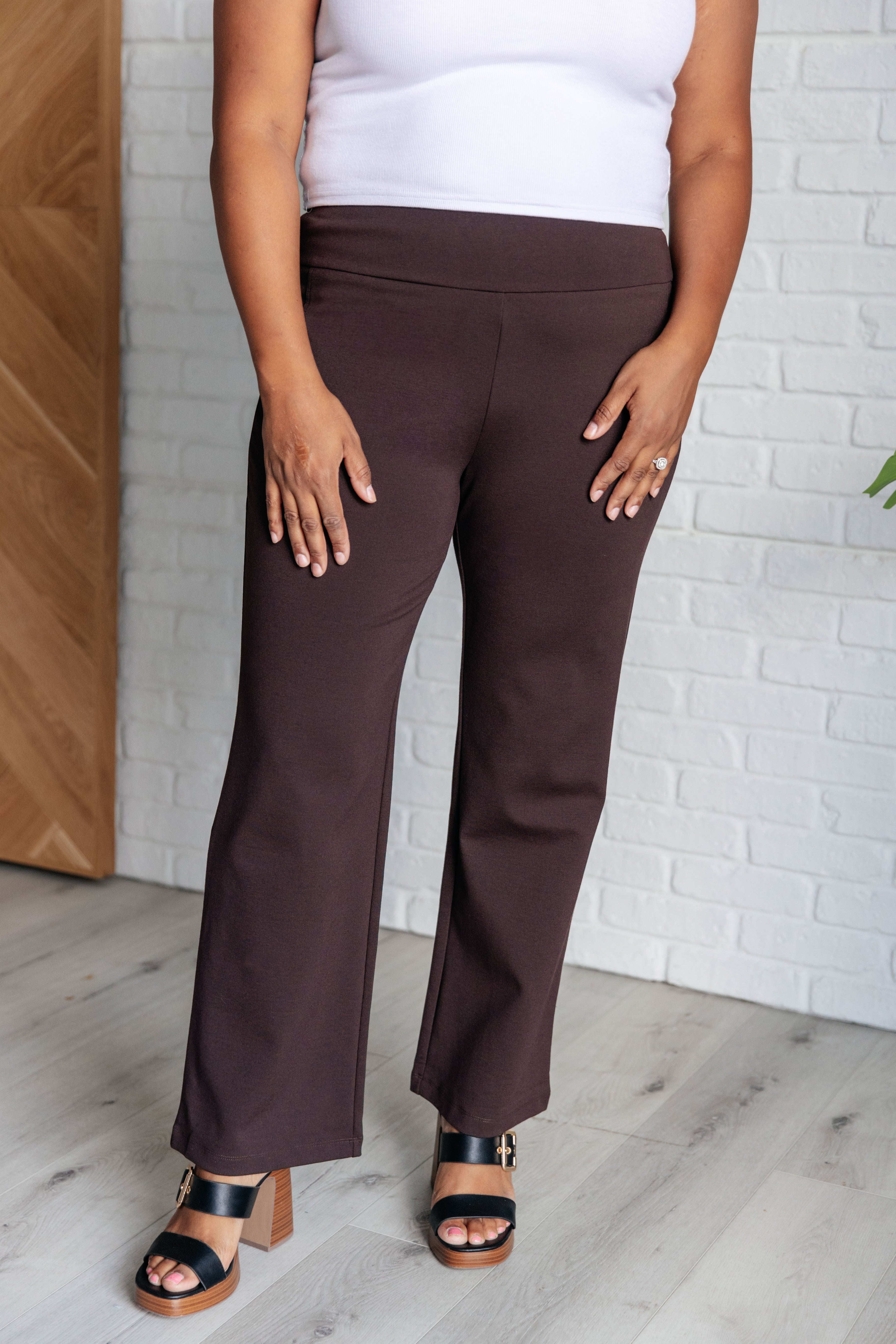 Magic Straight Leg Pants for Women - Chocolate Brown High Waist Trousers | Office Wear, Business Casual & Everyday Comfort
