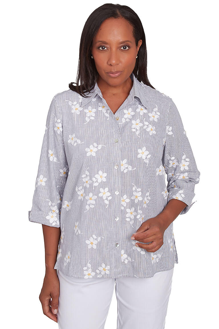 Stylish Lurex Striped Floral Shirt for Women | Trendy Party & Office Wear | Perfect for Cocktail Events & Business Casual Outfits