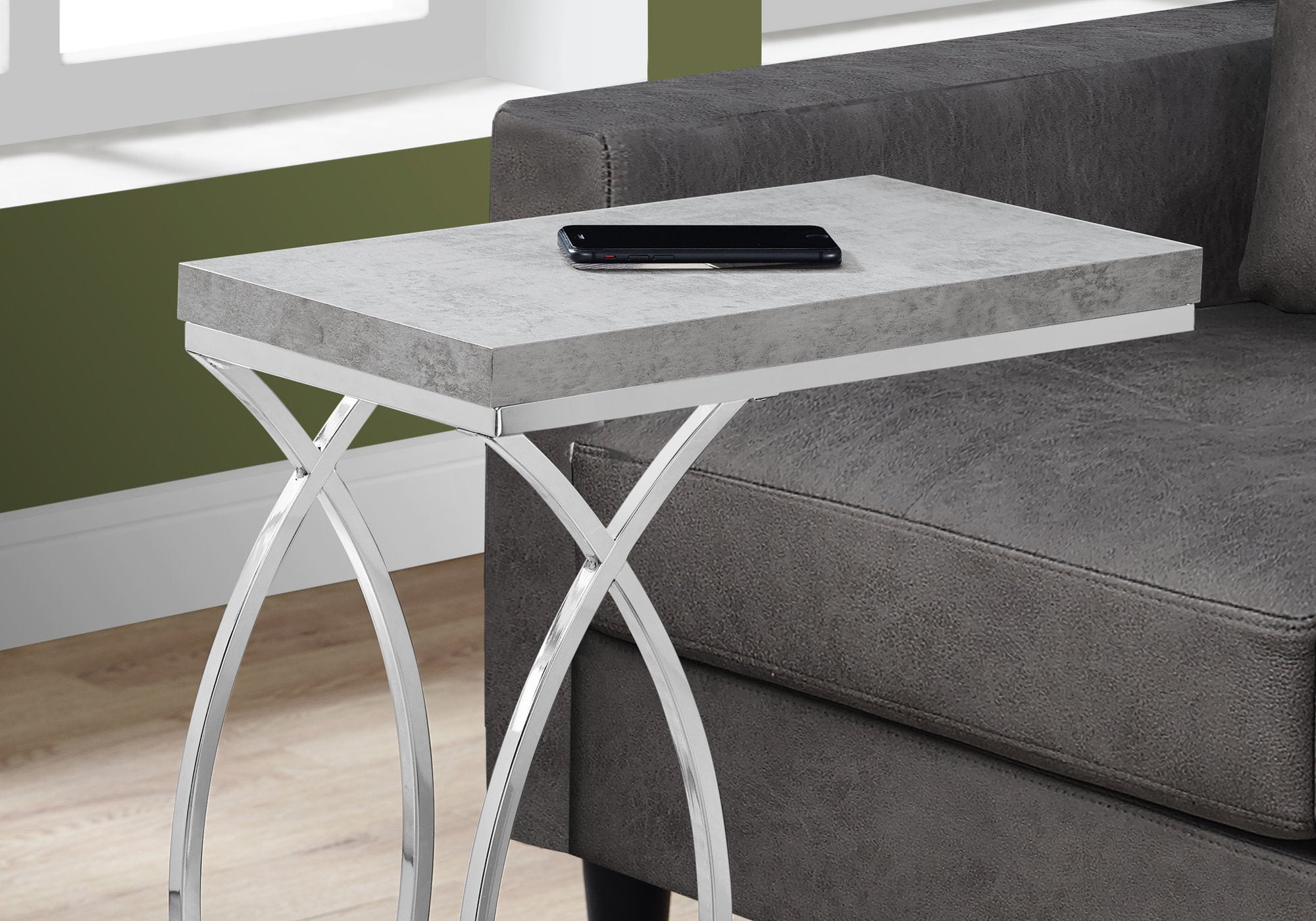 Modern Grey Cement Accent Table with Chrome Metal Base - Perfect for Living Room, Bedroom, or Office Decor