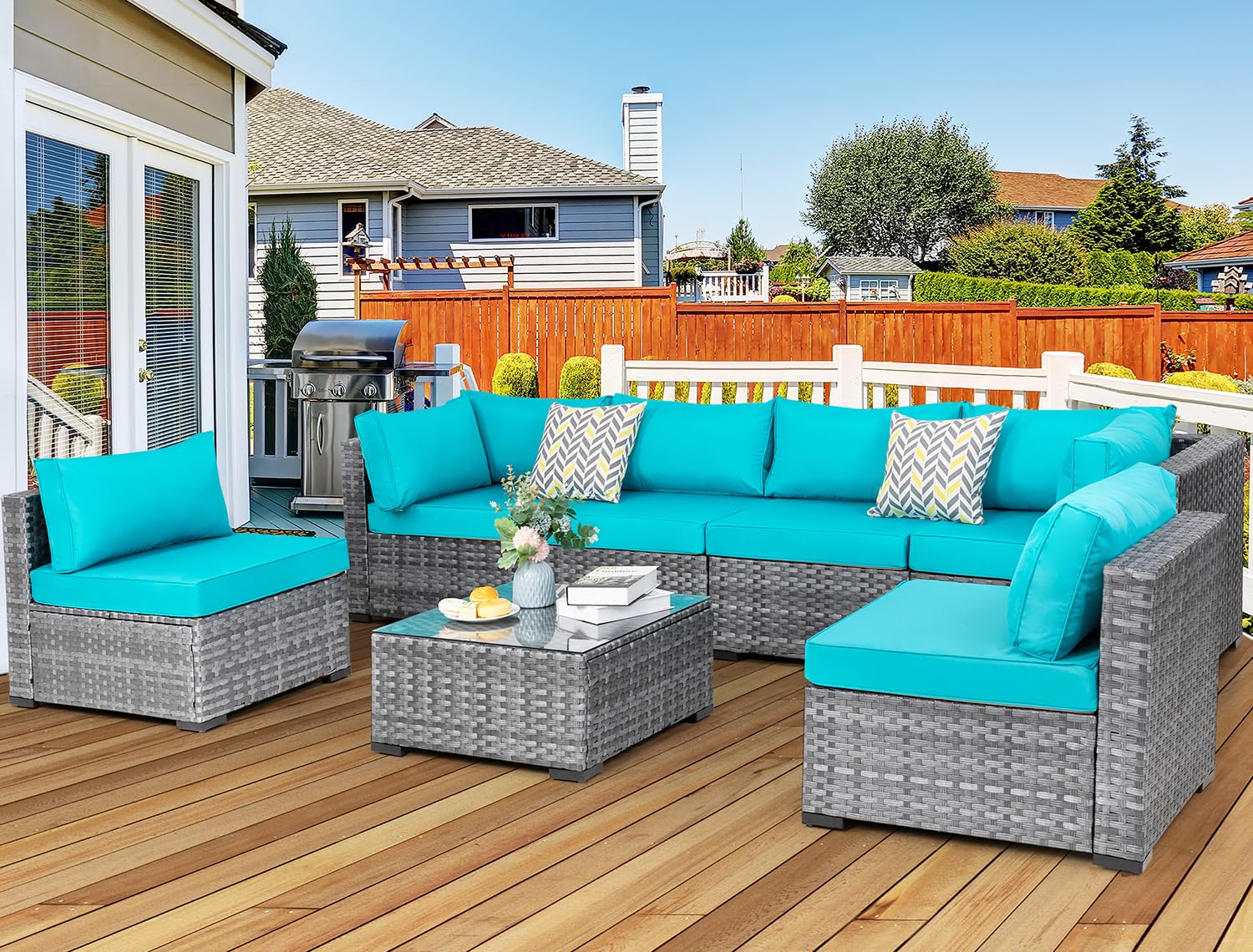 JAMFLY 7-Piece Wicker Patio Furniture Set, Outdoor Rattan Sofa Conversation Set with Washable Cushions & Glass Coffee Table - Light Blue - Perfect for Garden, Backyard, Poolside & Porch Relaxation