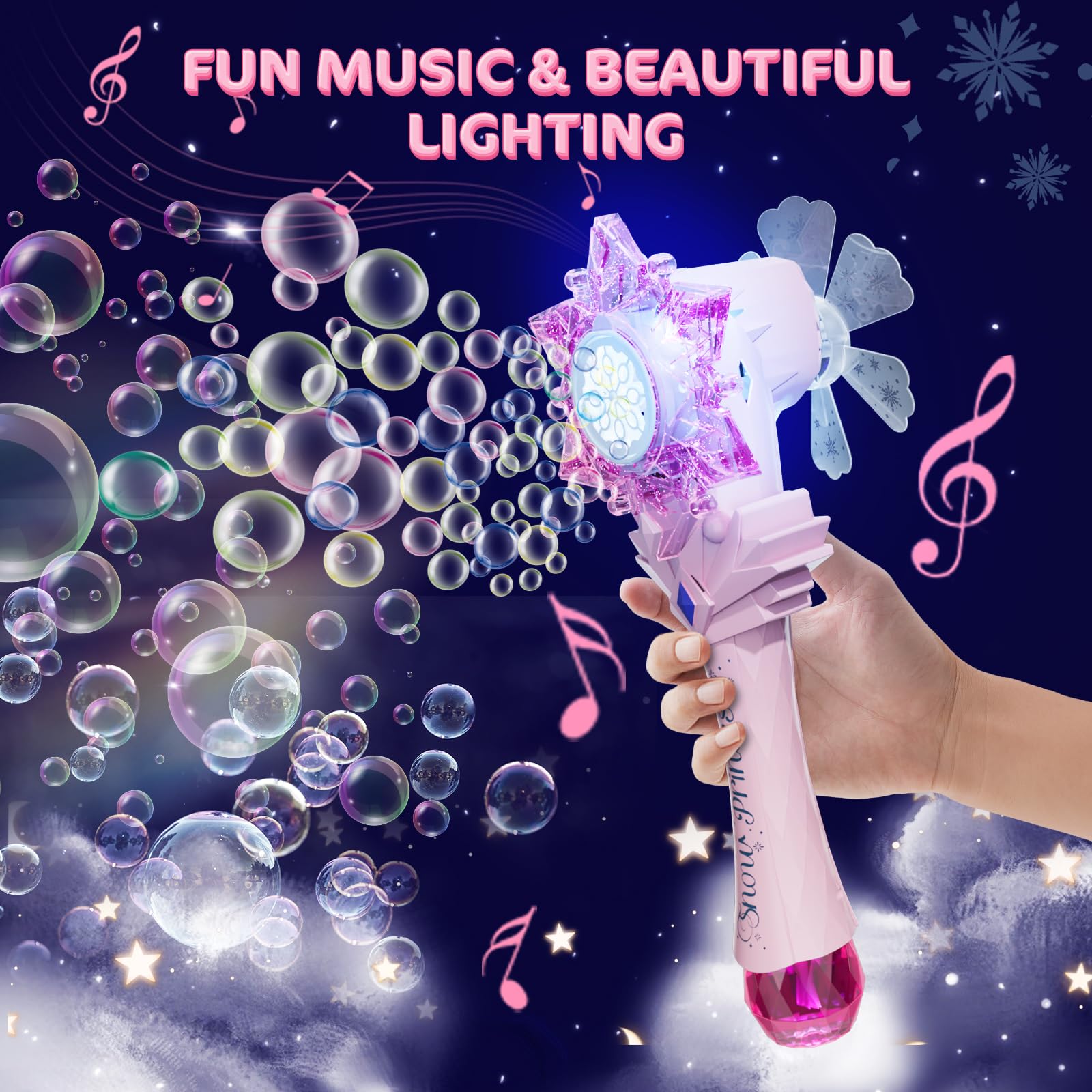 VATOS Automatic Bubble Blower Machine for Kids - 2 Pack Snowflake Bubble Wands with Lights & Music, Includes 2 Windmills & 4 Bottles Bubble Solution - Fun Bubble Toys for Toddlers, Boys, Girls & Adults - Perfect for Birthday Parties, Outdoor Play & Summer Activities