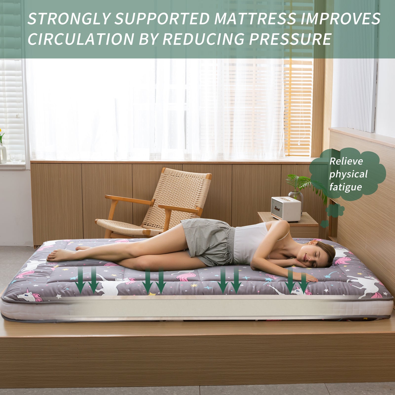 MAXYOYO Unicorn Pattern Padded Japanese Floor Mattress - Extra Thick Foldable Sleeping Pad for Camping, Travel & Home Use - Perfect for Guest Beds, Couch Lounging & Outdoor Adventures
