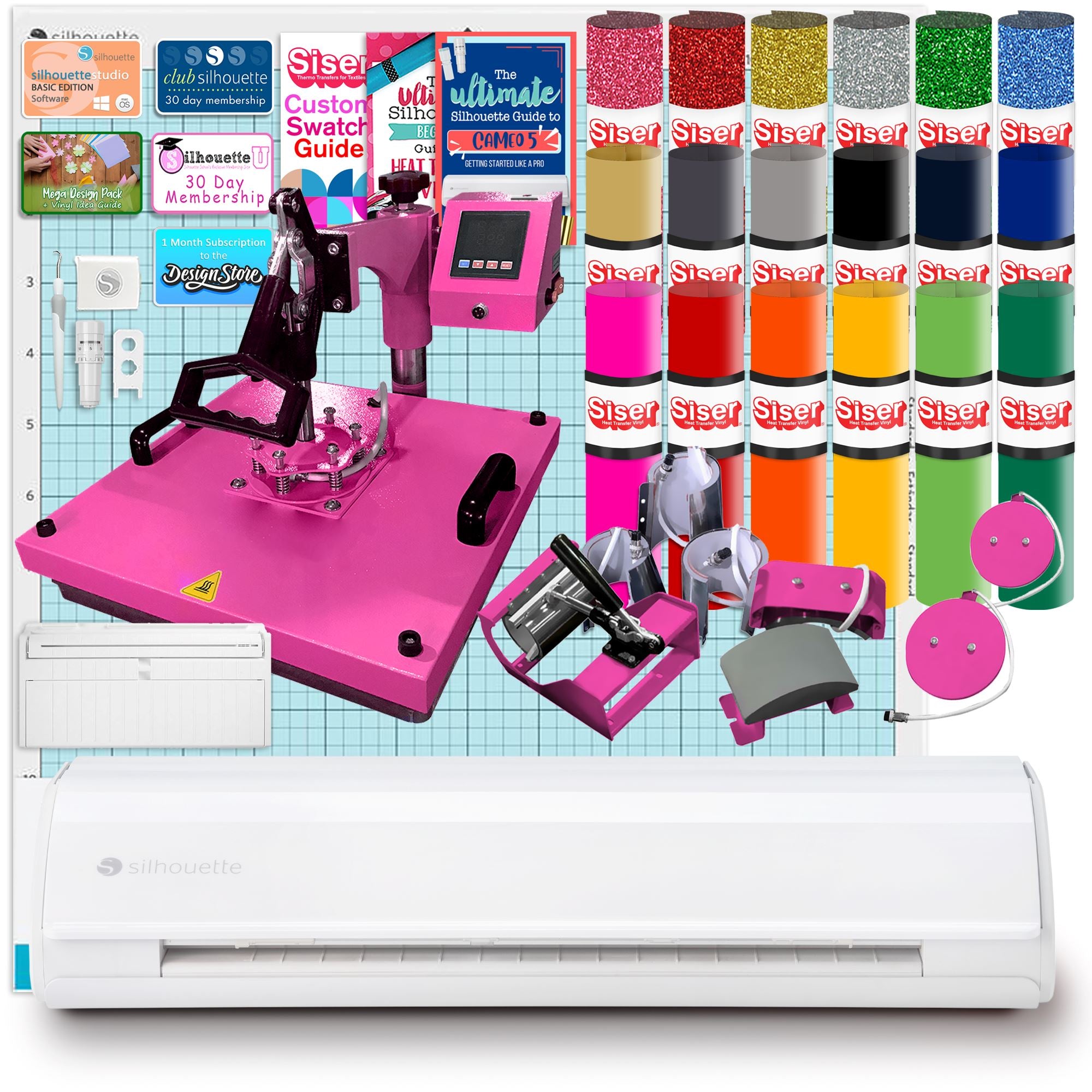 Silhouette Cameo 5 Cutting Machine with 8-in-1 Pink Heat Press Bundle & Siser HTV Vinyl - Perfect for DIY Crafts, T-Shirt Designs, and Home Decor Projects