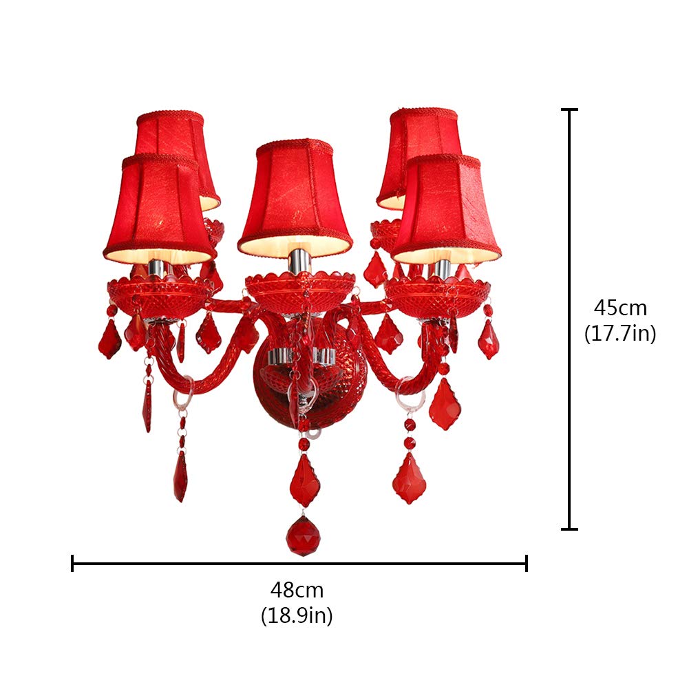 Elegant Aiwen 5-Light Red Crystal Glass Wall Sconce - Double Tier Bedroom Wall Lamp with Lampshade for Bedside Lighting | Perfect for Master Bedroom, Hallway & Living Room Decor