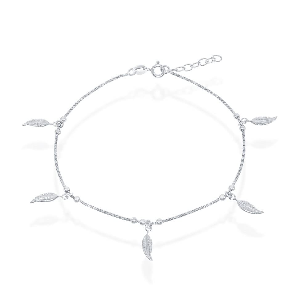 Sterling Silver Dangling Feather Charms Anklet Bracelet - Trendy Summer Jewelry for Women, Boho Beach Accessories, Festival Ankle Chain for Outdoor Music Events and Vacation Wear