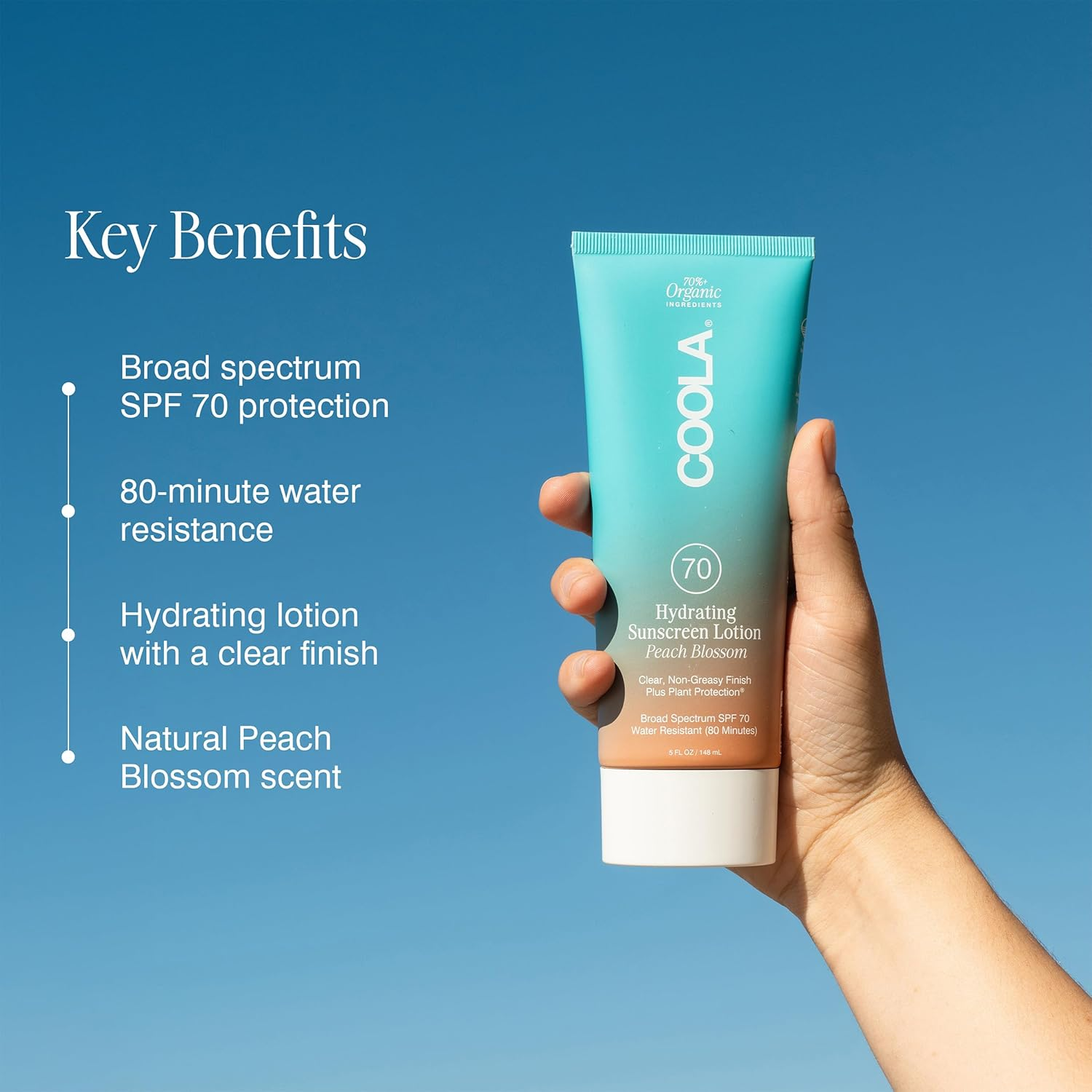 COOLA Classic Body Organic Sunscreen Lotion SPF 70 - Peach Blossom Scent | Broad Spectrum UVA/UVB Protection | Water Resistant | Vegan & Reef Safe | Perfect for Beach, Pool & Outdoor Activities