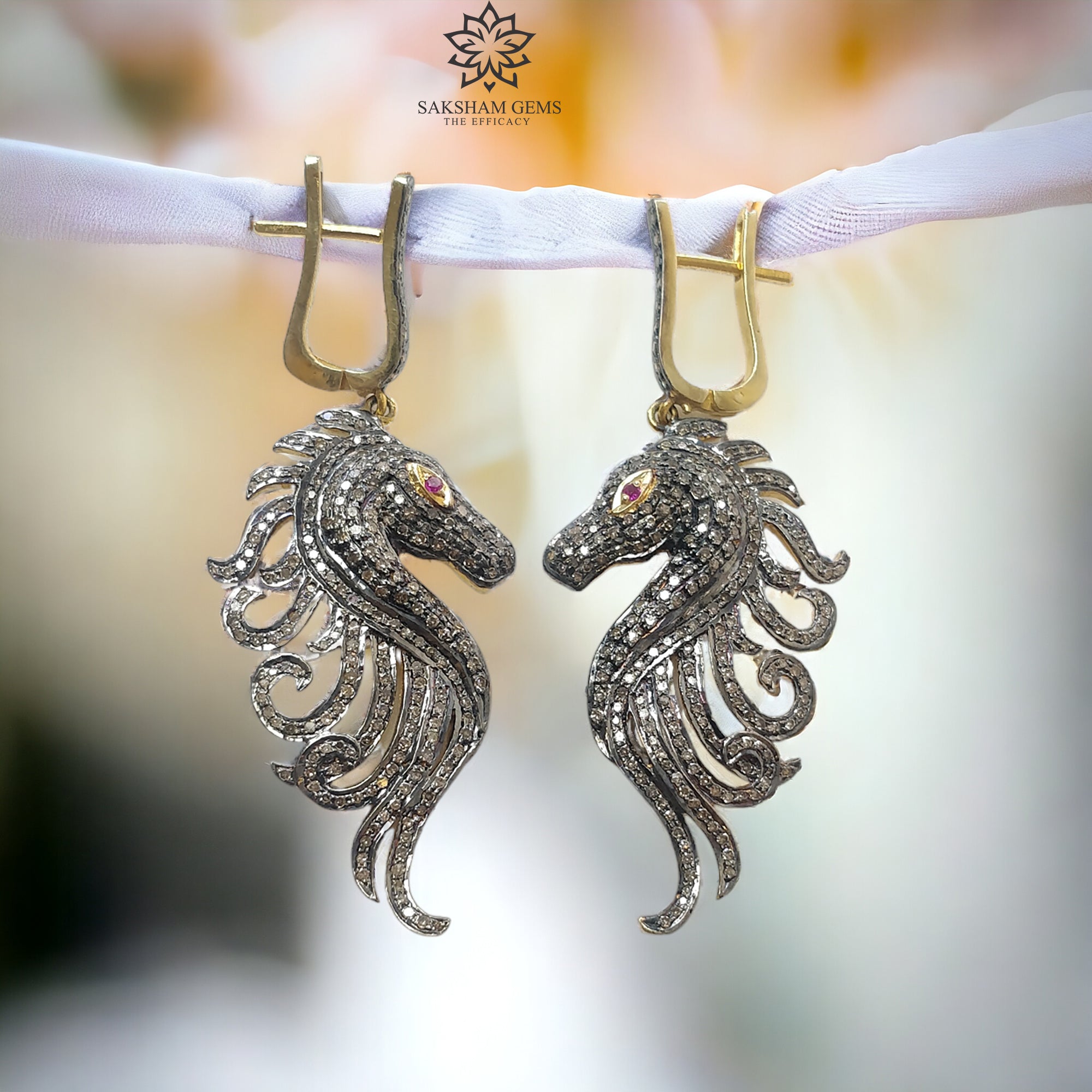 Natural Diamond & Ruby Gemstone Drop Dangle Earrings - 925 Sterling Silver & Gold Latch Back - Horse Face Pave Design (2.4