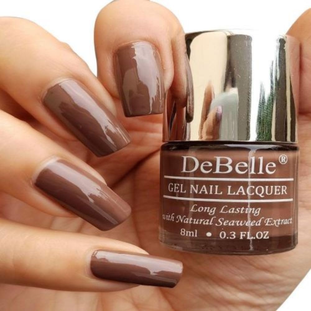 DeBelle Gel Glossy Finish Nail Polish - Woody Chocolate (Light Chocolate Brown) 8ml - Enriched with Natural Seaweed Extract, Vegan, Cruelty-Free & Non-Toxic - Perfect for Everyday Wear, Salon-Quality Manicures & Special Occasions