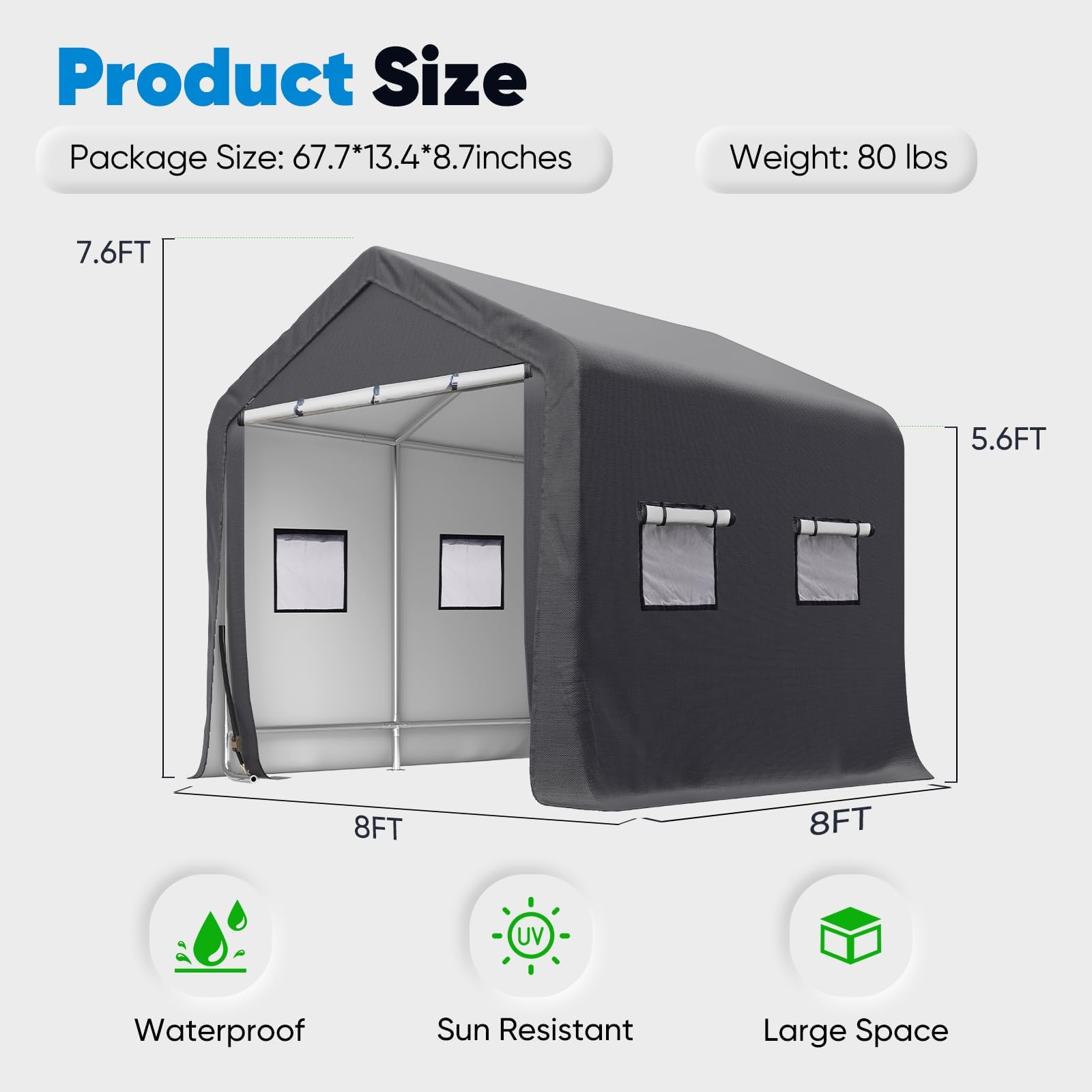 Quictent 8'x8' Heavy Duty Portable Carport Garage with Roll-Up Ventilated Windows - Motorcycle Shelter, Outdoor Storage Shed for Patio Furniture, Lawn Mower & Bike - Dark Gray | Perfect for Backyard, Driveway & RV Protection