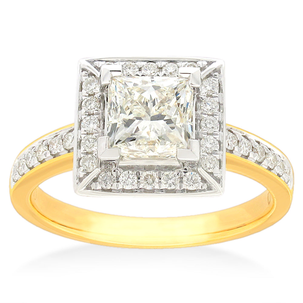18ct Yellow Gold 1.70 Carat Diamond Ring with 1.50 Carat Princess Cut Center Stone - Elegant Engagement, Wedding & Anniversary Jewelry Gift for Women