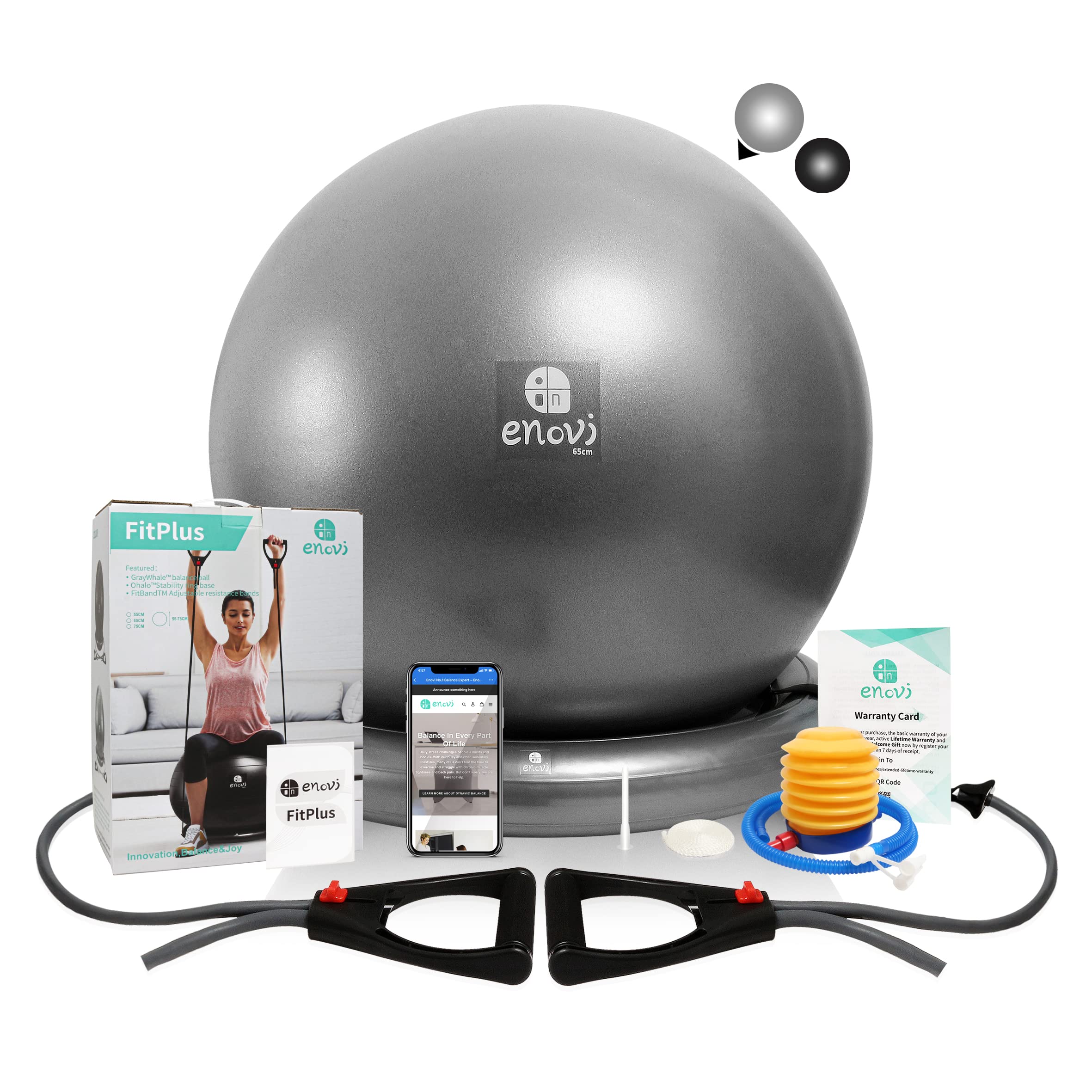 ENOVI Fit+ Exercise Ball Chair with Resistance Bands & Ring Base - Stability Yoga Ball for Home Gym, Office & Back Pain Relief - Balance Ball Seat for Core Workouts & Posture Correction (Multiple Colors & Sizes) - Perfect for Yoga, Pilates, Workouts & Ergonomic Office Seating