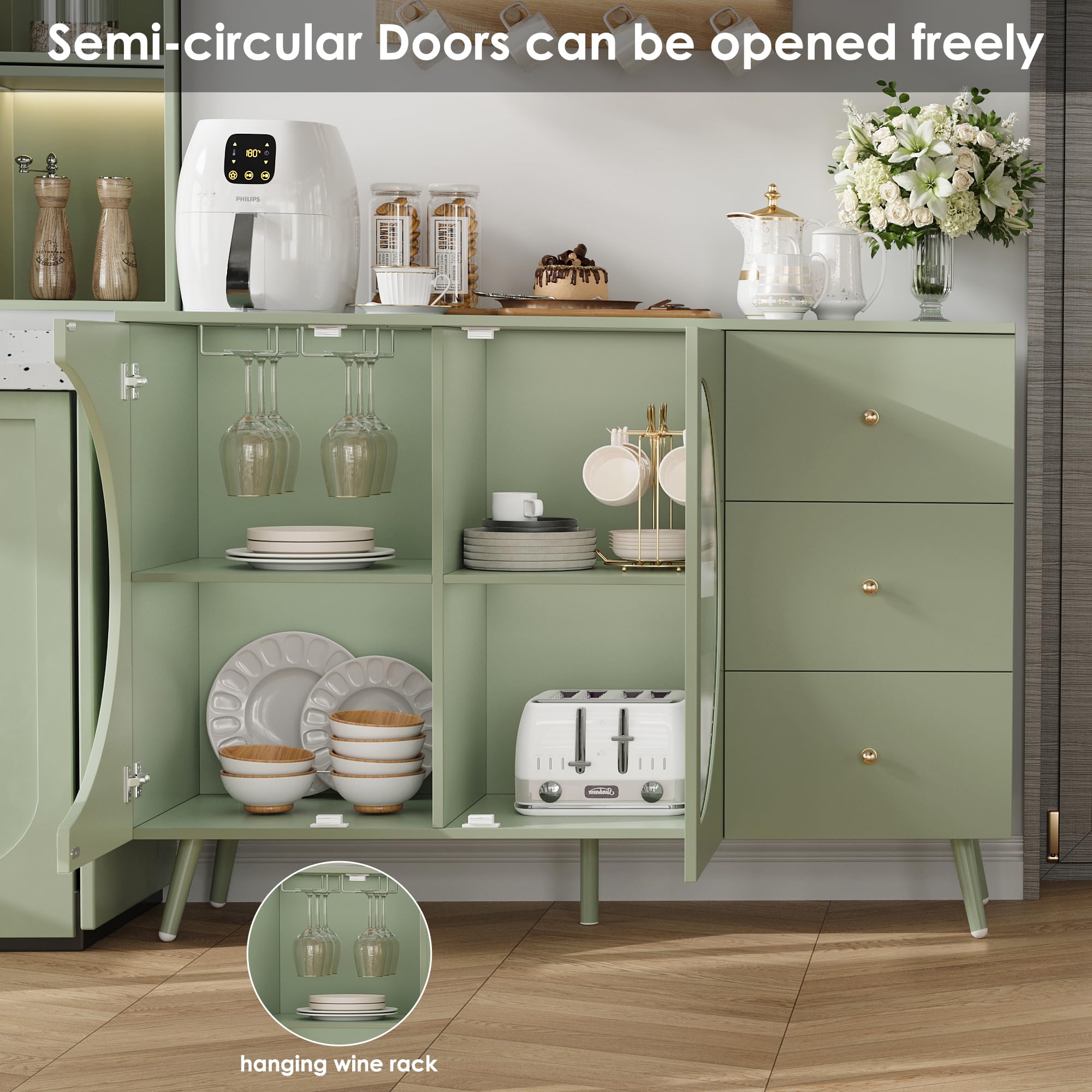Modern Cream Coffee Bar Cabinet with Fluted Glass Door & Wine Glass Rack - Buffet Sideboard with Storage Drawers for Living Room, Kitchen or Dining Room - Elegant Green Home Furniture for Entertaining & Display