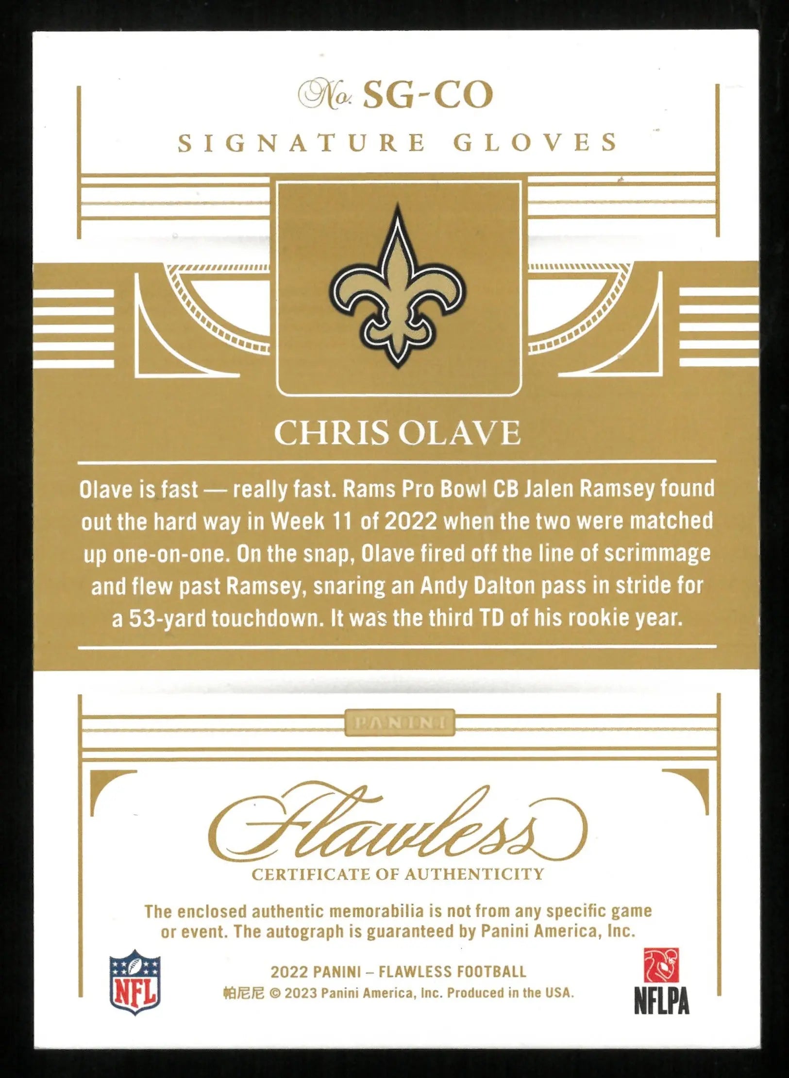 2022 Flawless Football Chris Olave Rookie Card Gold Foil Glove Relic Autograph /20 - Perfect for NFL Collectors & Fantasy Football Fans