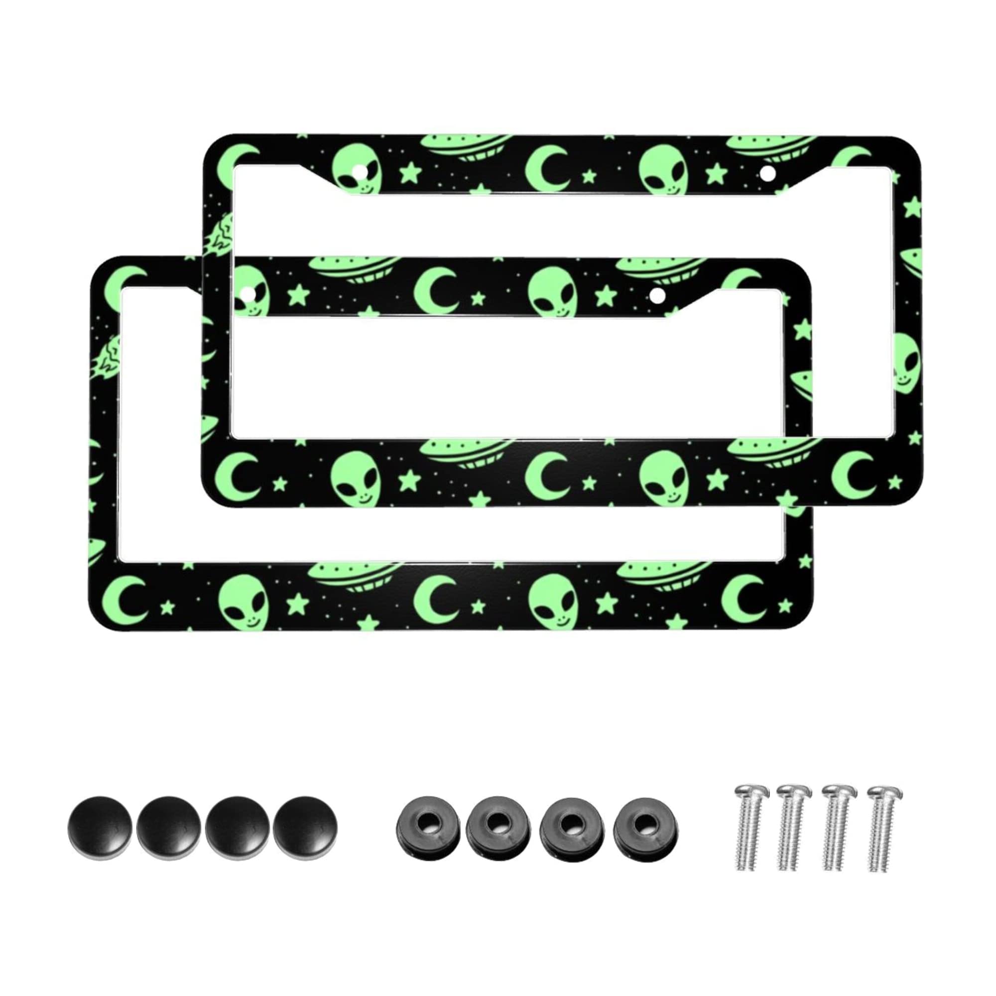 Green Alien Moon UFO License Plate Frames with Screw Caps - 2 Pack Aluminum License Plate Covers for Front & Rear Car Tags - Durable Car Accessories for Sci-Fi Fans & Unique Vehicle Customization