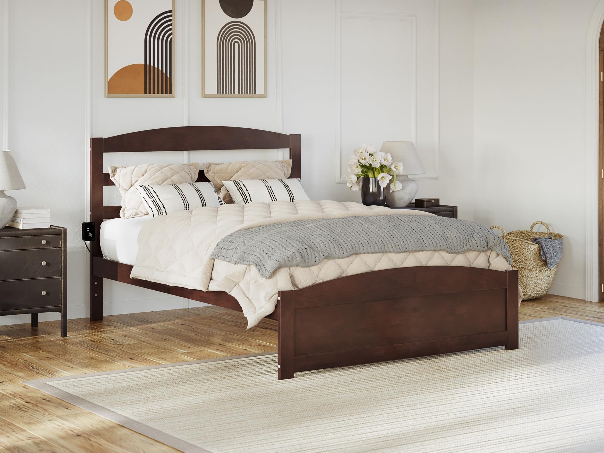 Warren Full Platform Bed with Footboard & USB Charger - Solid Walnut Wood Modern Bed Frame for Bedroom - Perfect for Small Spaces & Guest Rooms