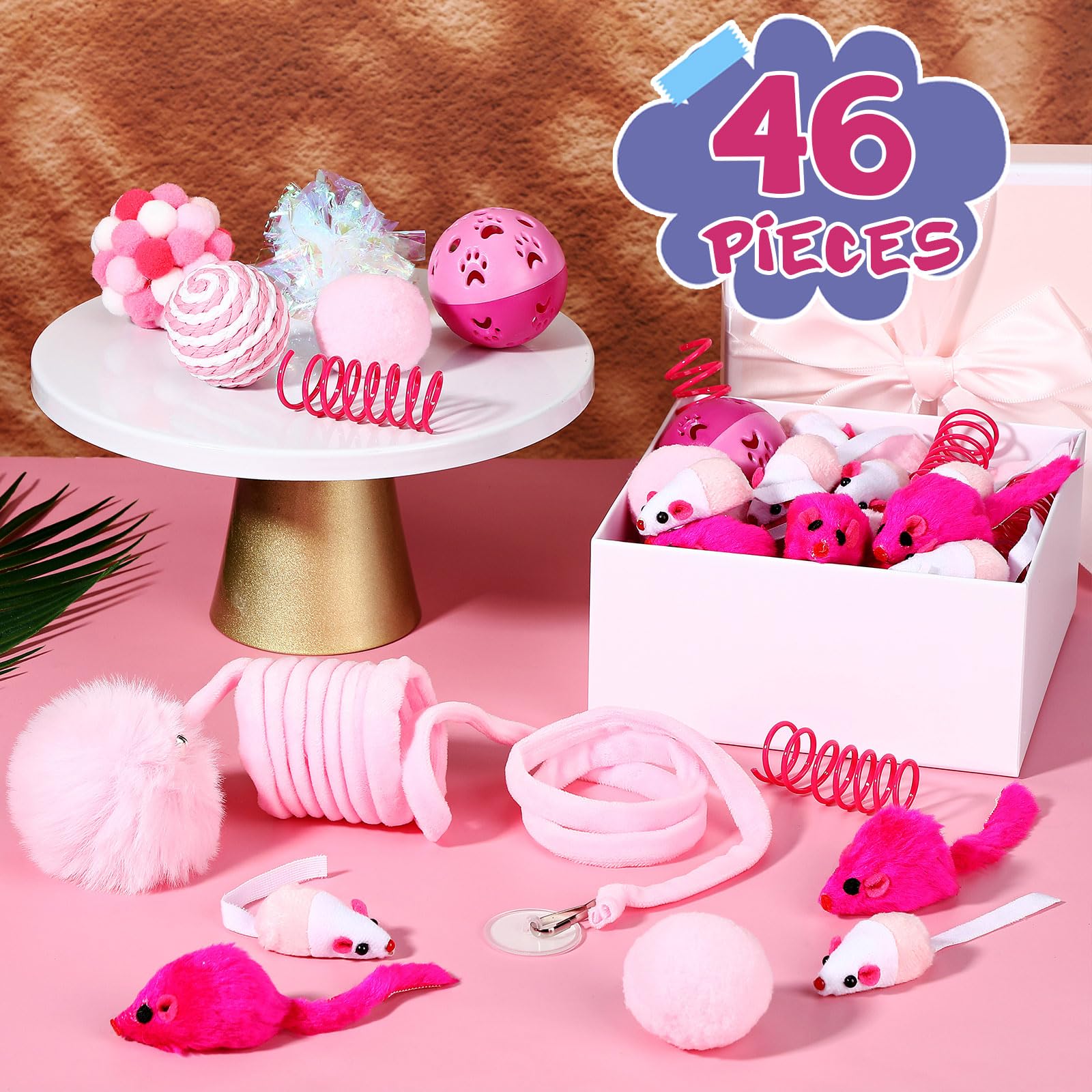 46 Pcs Cat Toys Set - Interactive Cute Cat Toys with Fur Mice, Rattle Springs, Crinkle Balls, Pompom Bells & Sisal Ball Puzzle - Perfect for Indoor Play, Kitten Training & Gift Giving (Pink)