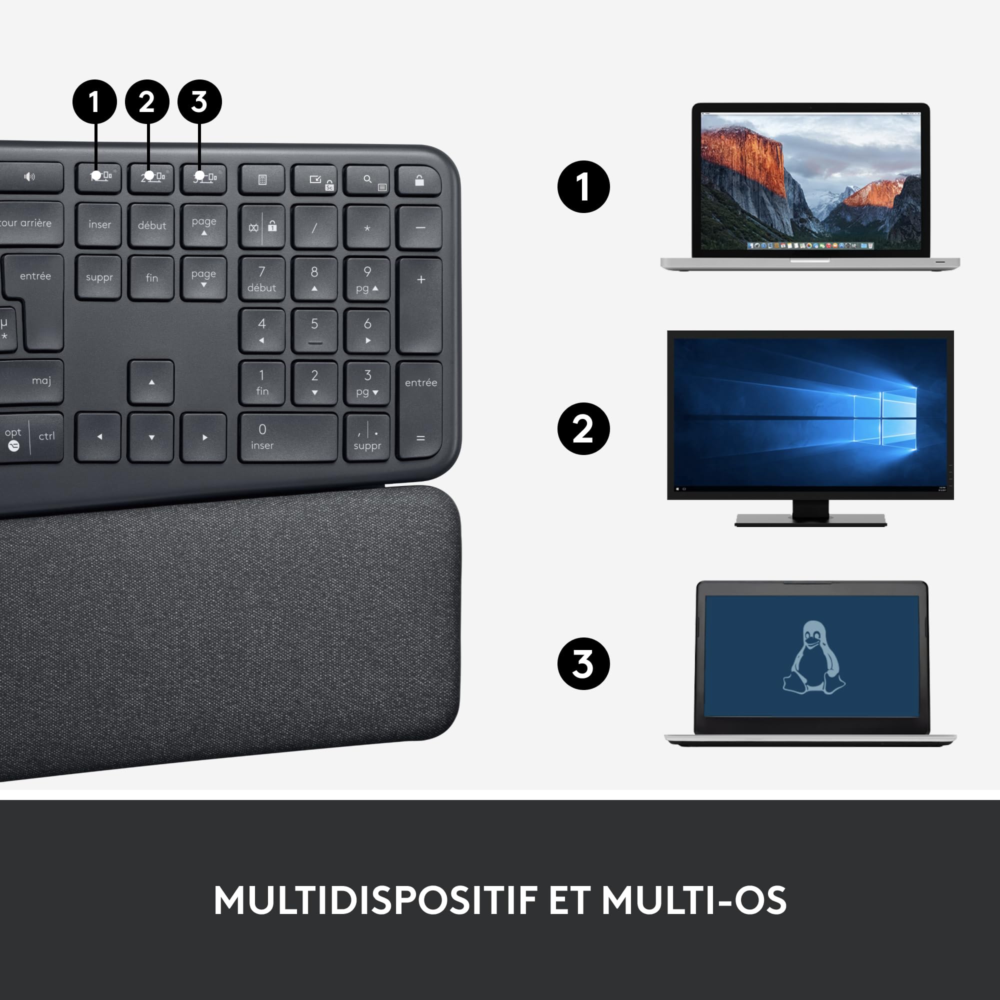 Logitech ERGO K860 Wireless Ergonomic Keyboard with Wrist Rest - Split Design for Natural Typing, Bluetooth & USB Connectivity - PC & Mac Compatible (French AZERTY Layout, Grey) - Ideal for Office Work, Long Typing Sessions & Reducing Wrist Strain