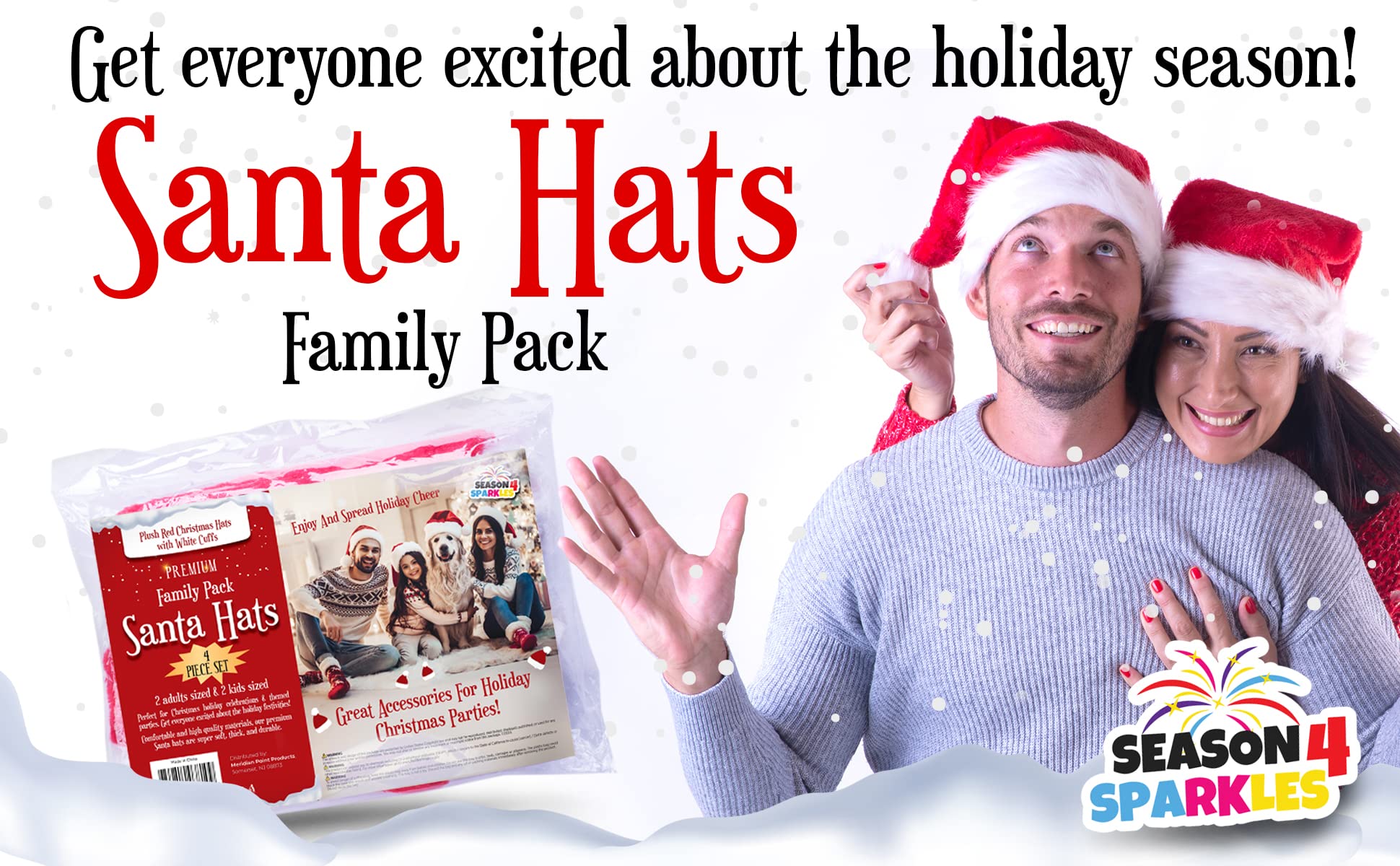 4-Piece Funny Santa Hat Set for Christmas Holiday Parties - Soft & Comfortable Family Pack (2 Large Adult Hats & 2 Small Youth Hats) - Perfect for Christmas Photos, Office Parties & Family Gatherings