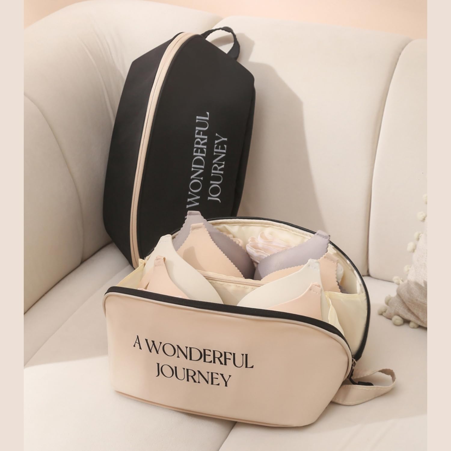Women's Travel Underwear Organizer Bag - Portable Bra & Lingerie Storage Pouch, Large Cosmetic & Toiletry Bag, Lightweight Packing Organizer for Vacation Essentials - Perfect Gift for Her (Cream White) | Ideal for Business Trips, Weekend Getaways & Cruise Vacations