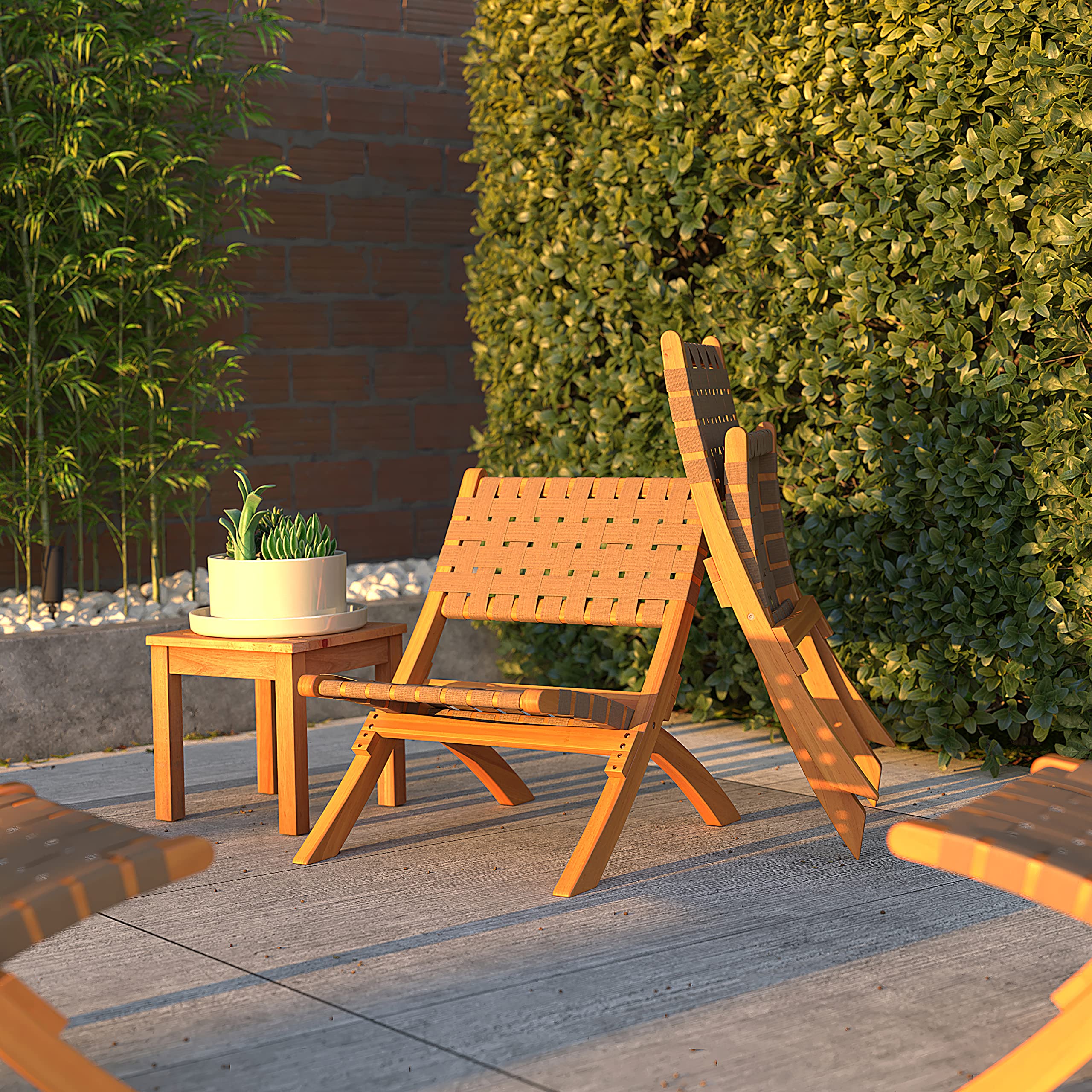 Patio Sense 64098 Sava Indoor Outdoor Folding Chair - Portable Low Profile Acacia Wood Frame with Woven Seat & Back - Perfect for Porch, Garden, Fishing, Camping & Sporting Events - Brown Webbing