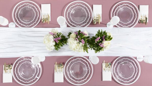 32-Piece Clear & White Rim Plastic Dinnerware Set - Shatterproof Disposable Plates, Bowls, Cups & Utensils for 16 Guests - Modern Dinner Party, Picnic, BBQ & Outdoor Dining Essentials