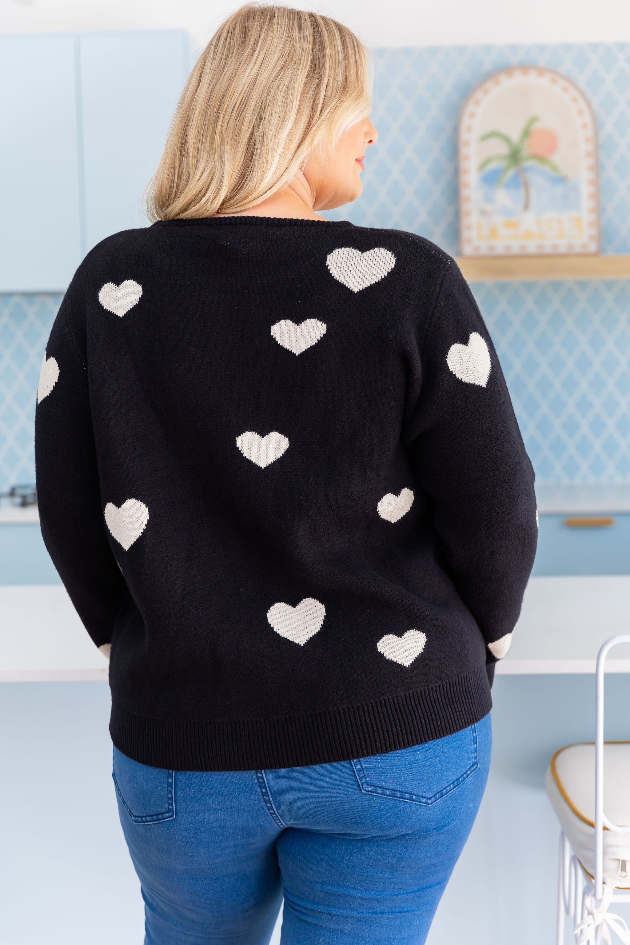 Amor Knit Jumper Women's Black Sweater with Cream Heart Pattern - Cozy Winter Pullover for Casual Outfits & Date Nights
