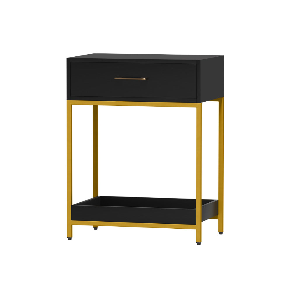 Modern Black & Gold Bedside Table with Top Drawer and Bottom Tray - Nightstand for Bedroom, Living Room, or Office Storage