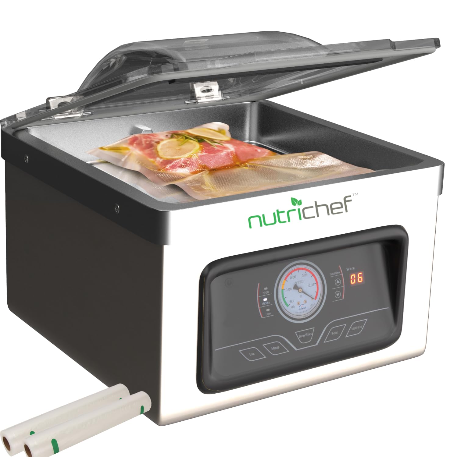 NutriChef 350W Compact Vacuum Sealer Machine with 8L Chamber - Airtight Food Storage System for Sous Vide, Meal Prep & Long-Term Preservation - Includes Bags, Rolls & Accessories for Home & Commercial Kitchen Use