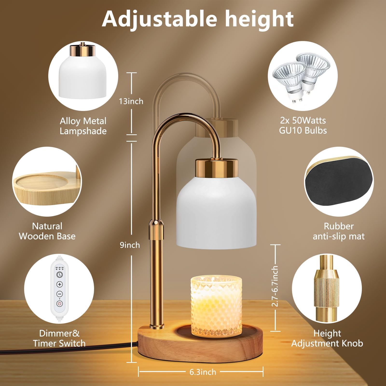 Electric Candle Warmer Lamp with Timer & Dimmer - Adjustable Height & Brightness, Includes 2 Bulbs - Modern Wax Warmer for Home Decor, Perfect Gift for Women & Moms (Birthday, Housewarming) - Ideal for Relaxation, Aromatherapy & Cozy Ambiance
