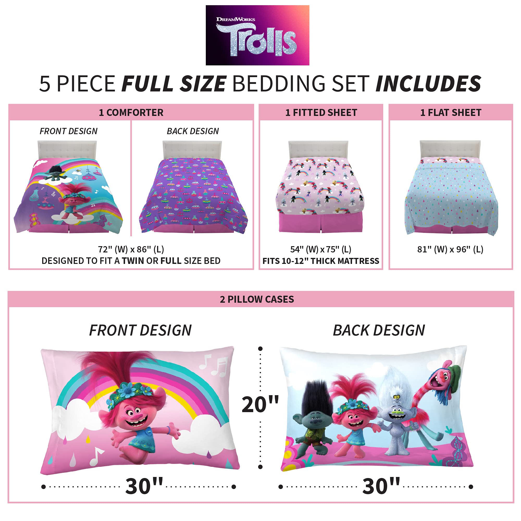 Franco Kids Bedding Set - Super Soft Microfiber Comforter & 5-Piece Sheet Set, Full Size, Trolls World Tour Theme | Perfect for Kids' Rooms, Sleepovers & Themed Bedrooms