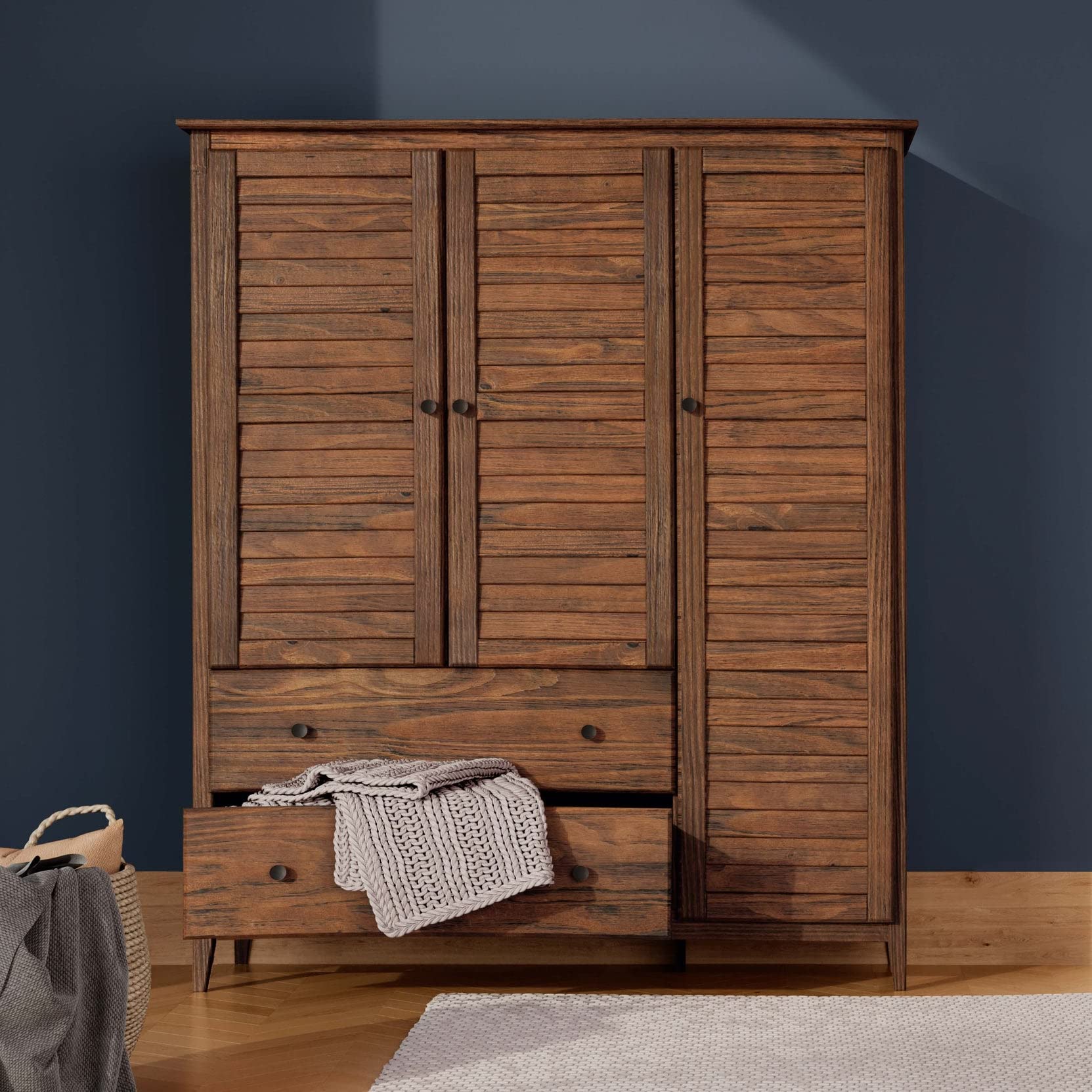 Grain Wood Furniture Greenport 3-Door Wardrobe in Brushed Walnut - Spacious Storage for Bedroom, Closet Organization & Home Decor