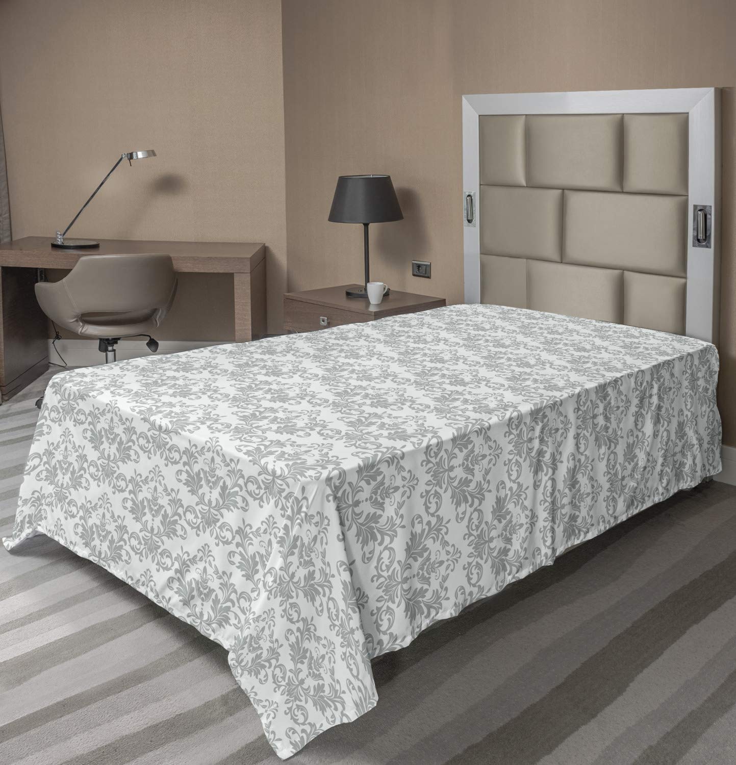 Ambesonne Abstract Twin Flat Sheet - Soft Comfortable Top Sheet with Rhythmic Chandelier Damask Pattern on White Pale Sage Green Backdrop | Perfect for Guest Rooms, Dorms & Modern Bedrooms
