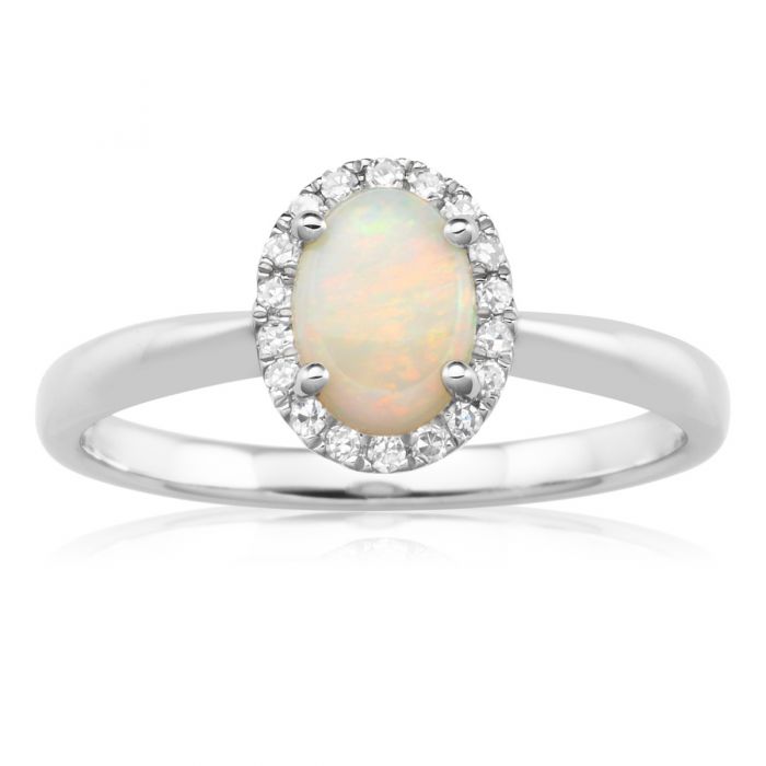 9ct White Gold 0.45ct Natural White Opal and Diamond Halo Ring - Elegant Engagement & Wedding Jewelry for Women