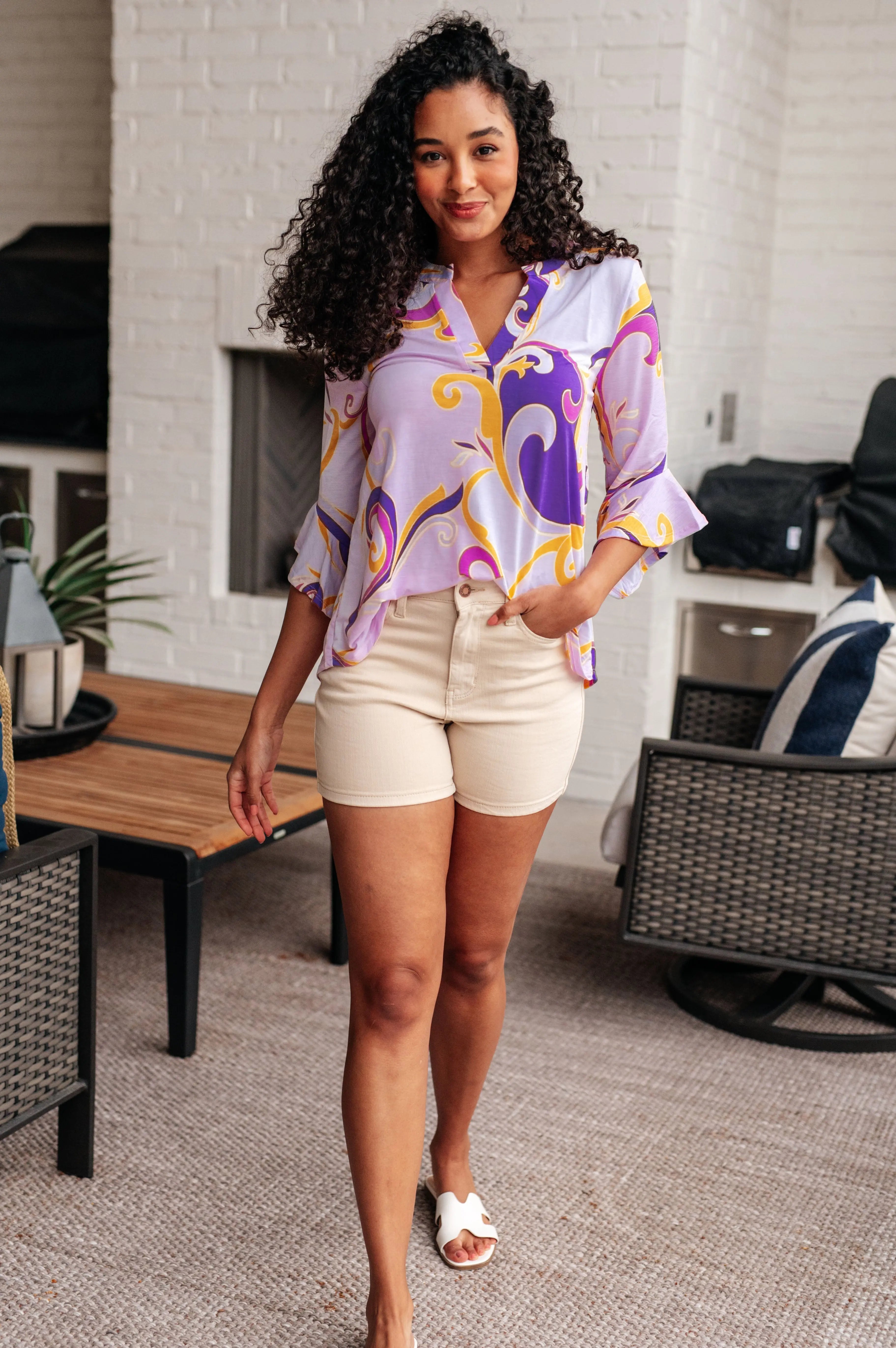 Lizzy Bell Sleeve Blouse - Elegant Regal Lavender & Gold Women's Top for Work, Party & Special Occasions