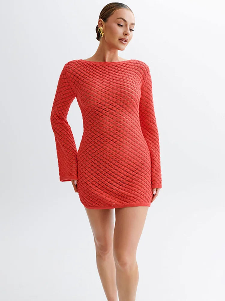 Women's Backless Long Sleeve Knit Mini Dress - Elegant See-Through Summer Beach Dress for Holiday & Vacation | Perfect for Beachwear, Pool Parties, and Night Out