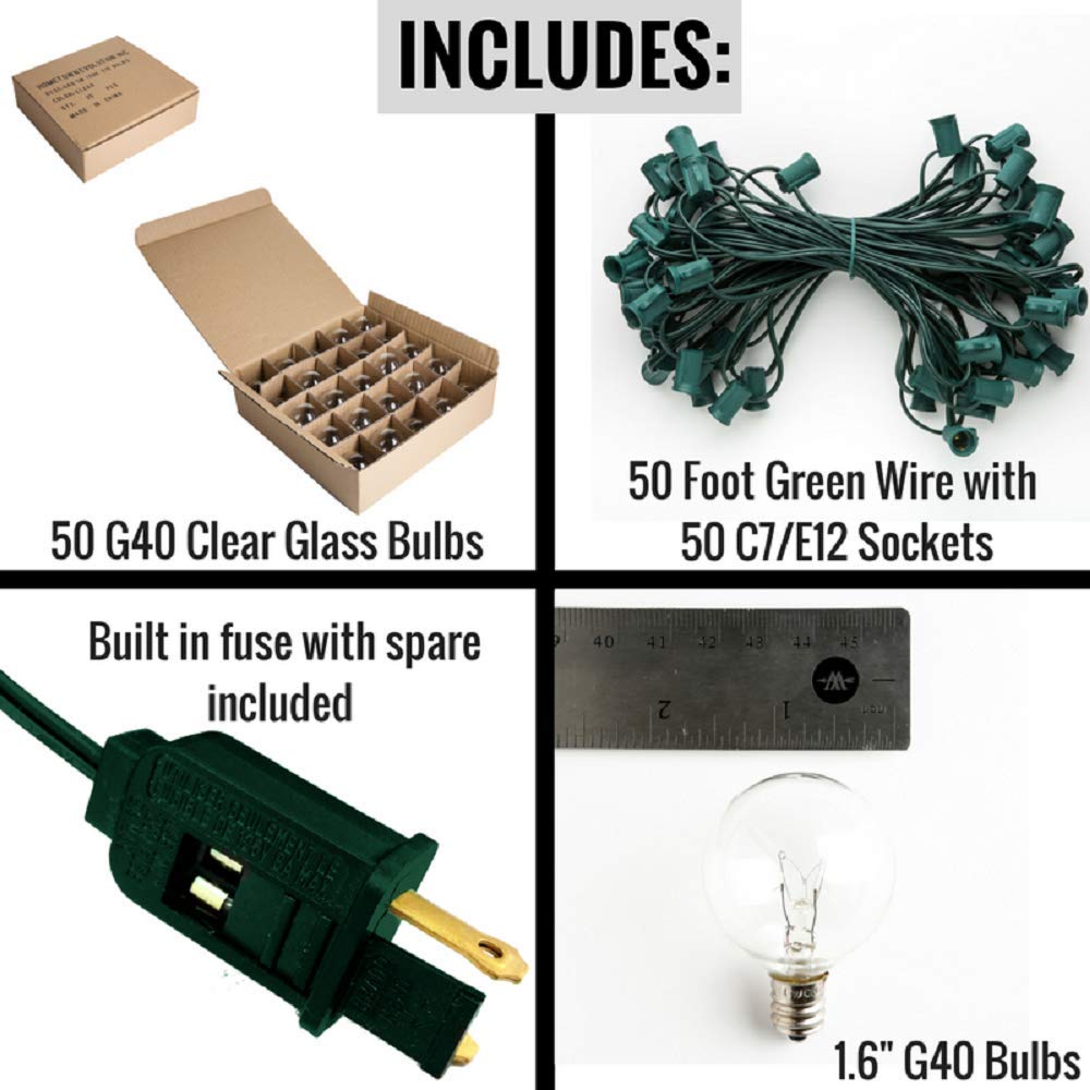 50 Foot G40 Globe Patio String Lights with Clear Bulbs & Green Wire - 2 Free Spare Bulbs Included | Outdoor Cafe, Garden, Backyard, Wedding & Party Decoration Lights