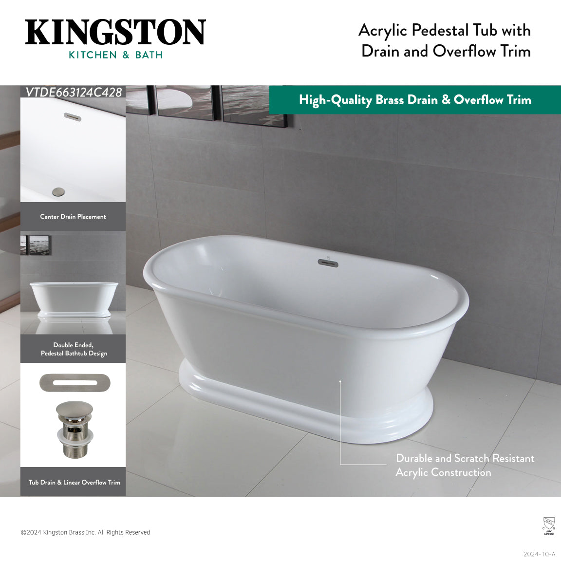 66 Inch Acrylic Oval Freestanding Bathtub - Glossy White with Antique Brass Pedestal Base | No-Faucet Design for Modern Bathrooms | Spa-Like Soaking Experience for Master Baths & Luxury Homes