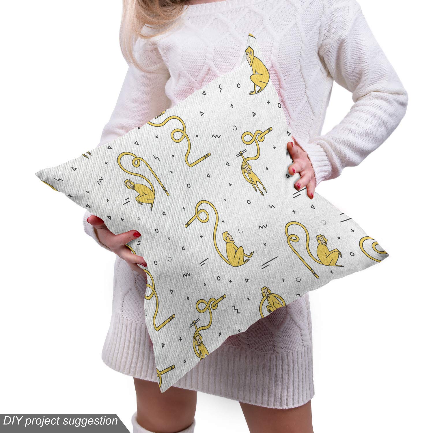 Ambesonne Monkey Fabric by The Yard - Funny Animal Print with Swirling Tails & Geometric Patterns - Yellow Black & White Upholstery Material for Sofa, Curtains & Home Decor (1 Yard) - Perfect for DIY Projects, Pillow Covers & Nursery Decor