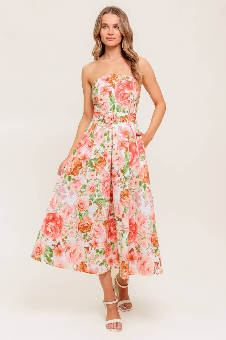 Strapless Midi Dress Pink Floral - Women's Summer Party Cocktail Dress for Beach Wedding & Vacation