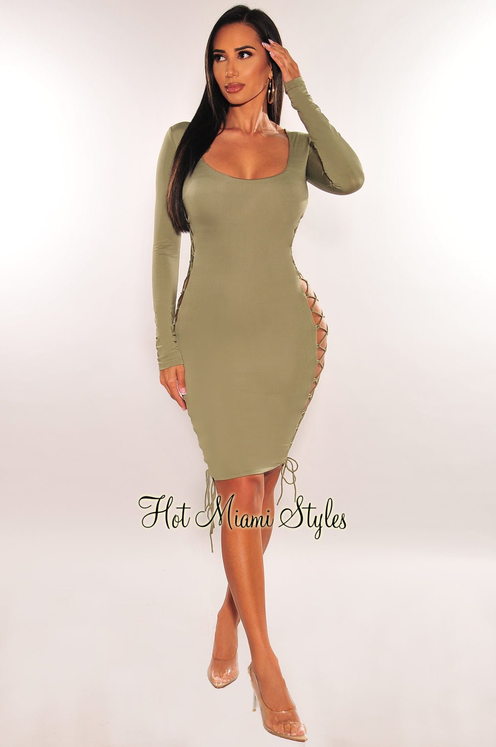 Sage Green Round Neck Long Sleeve Lace-Up Side Slit Dress for Women | Elegant Party & Date Night Outfit