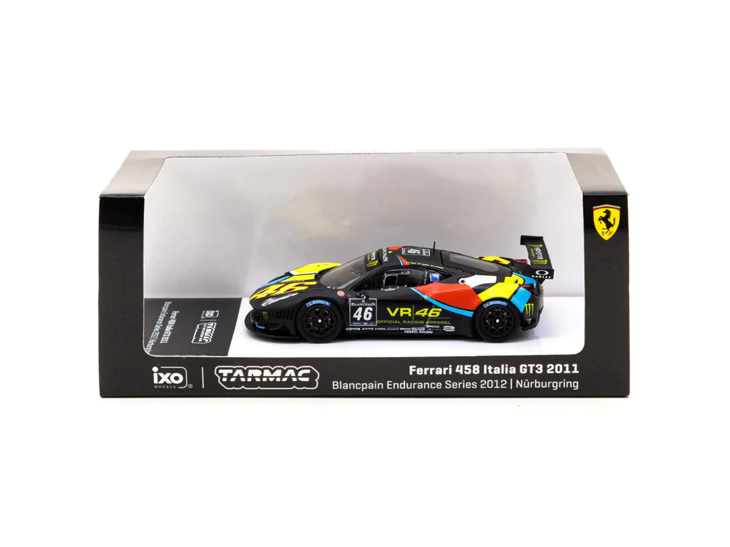 Tarmac Works 1:64 Scale Ferrari 458 Italia GT3 Diecast Model Car (2011) - Blancpain Endurance Series 2012 Nurburgring Edition - V. Rossi / A. Salucci / A. Ceccato - Collectible Racing Car for Display, Gifts & Racing Enthusiasts