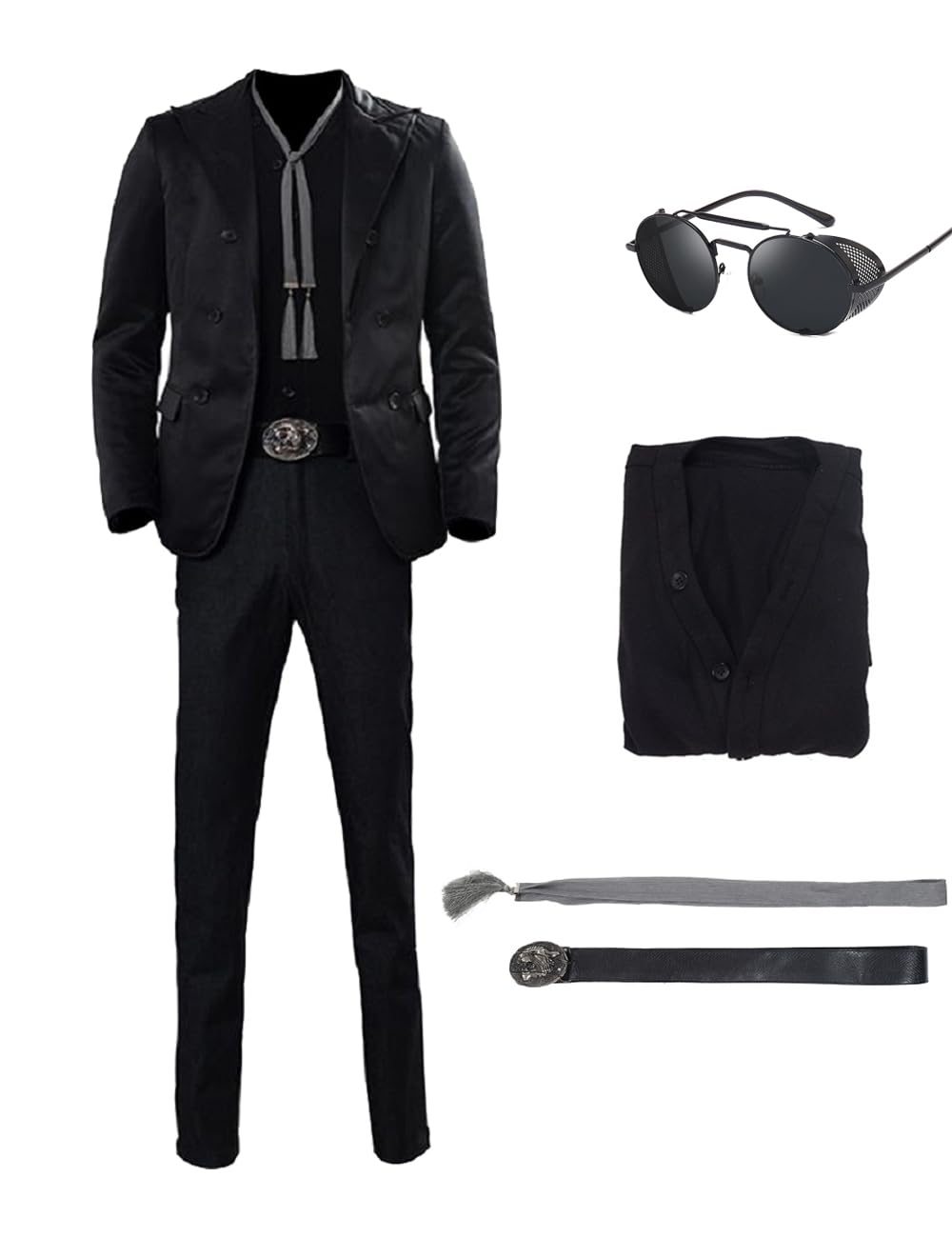 LILLIWEEN Men's Crowley Costume Halloween Cosplay Outfit - Black Shirt, Jacket & Pants Full Set | Fancy Dress Suit for Halloween Parties, Cosplay Events & Themed Gatherings