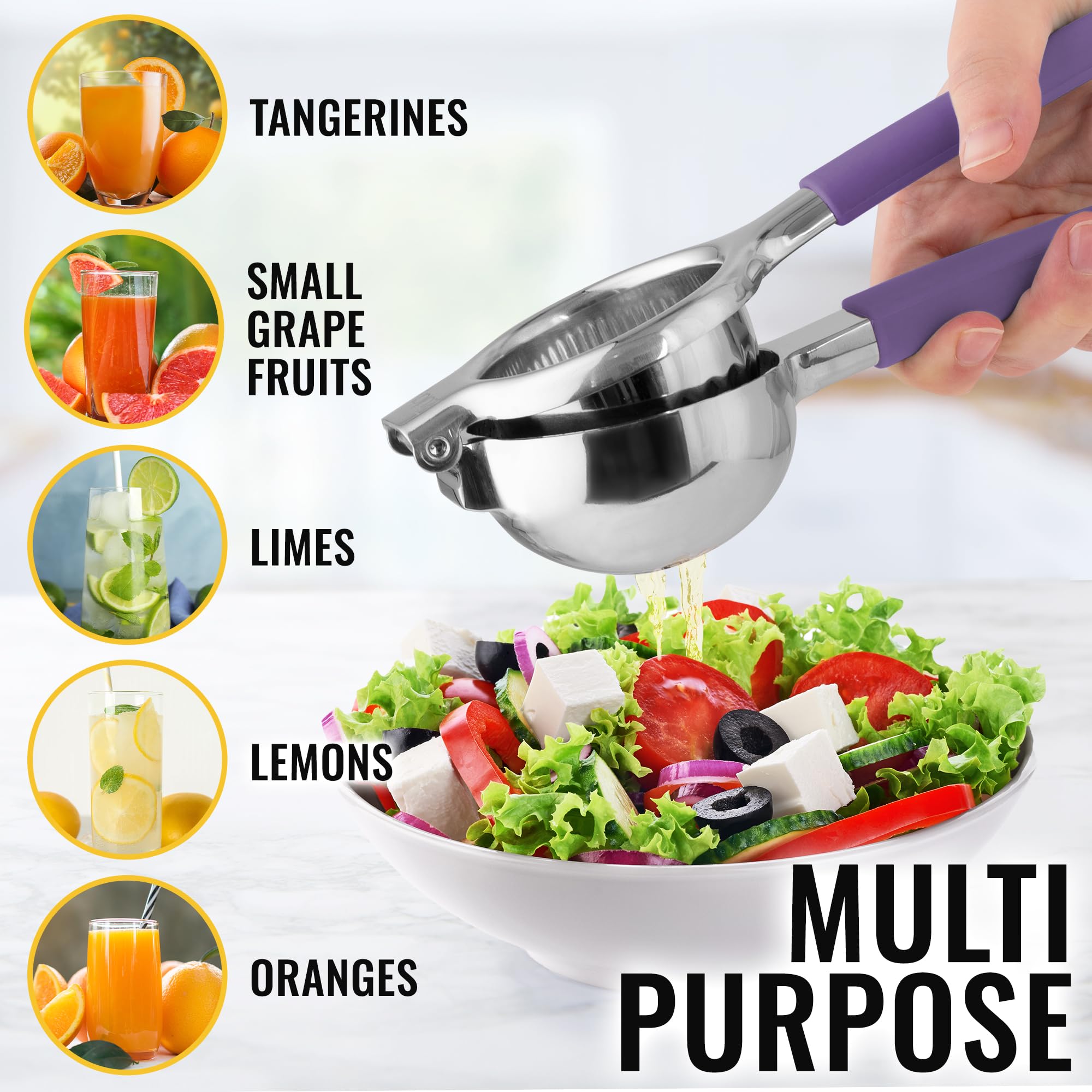 Premium Stainless Steel Lemon Squeezer - Heavy Duty Manual Citrus Juicer with Non-Slip Silicone Handles for Lemon, Lime & Orange - Large Metal Fruit Press for Kitchen, Bar & Restaurant Use (Purple)