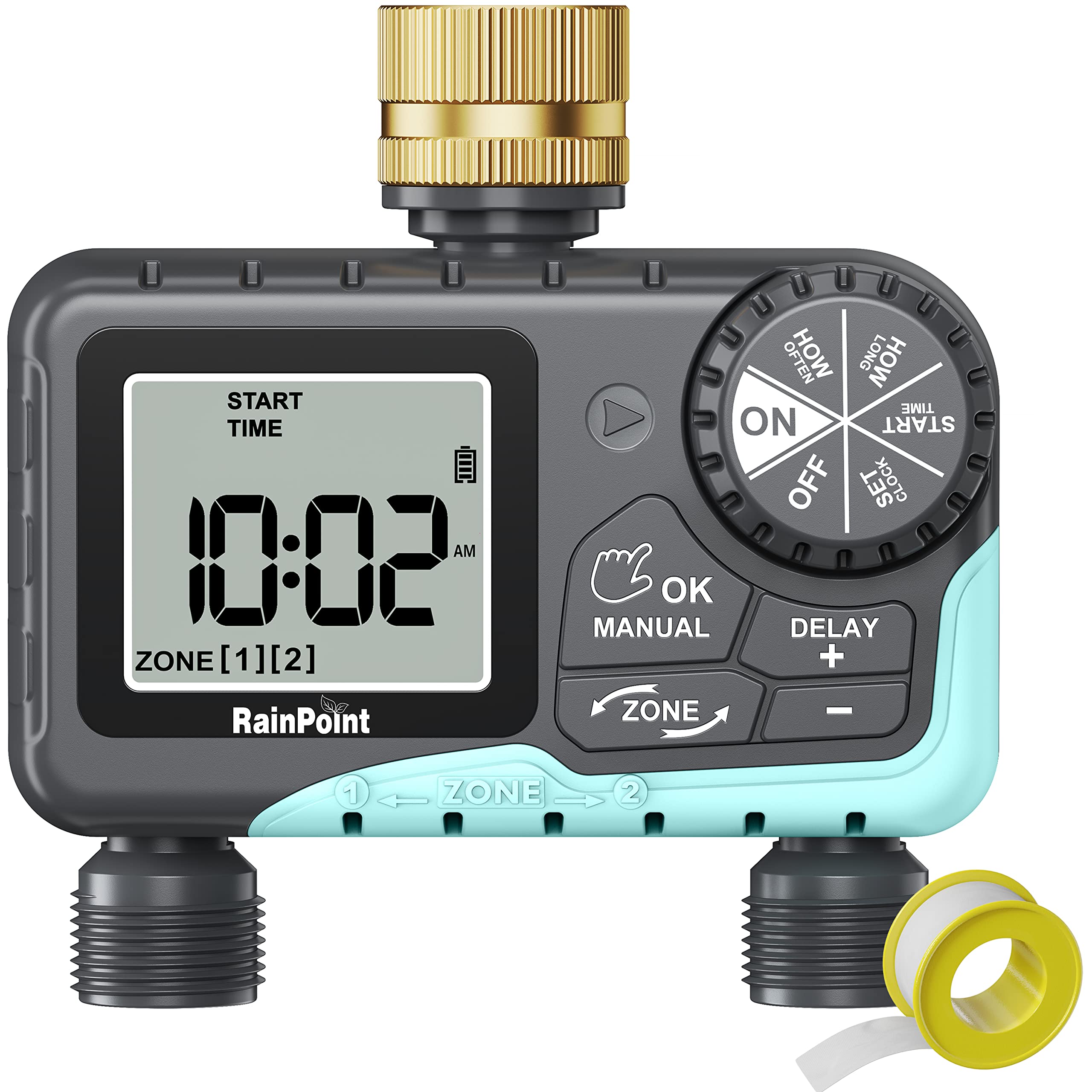 RAINPOINT Smart Sprinkler Timer 2 Outlet - Automatic Water Timer for Garden Hose & Drip Irrigation System, Outdoor Yard Watering Controller with Rain Delay & Manual Modes (Brass Inlet V2) - Perfect for Lawn, Flower Beds & Vegetable Gardens